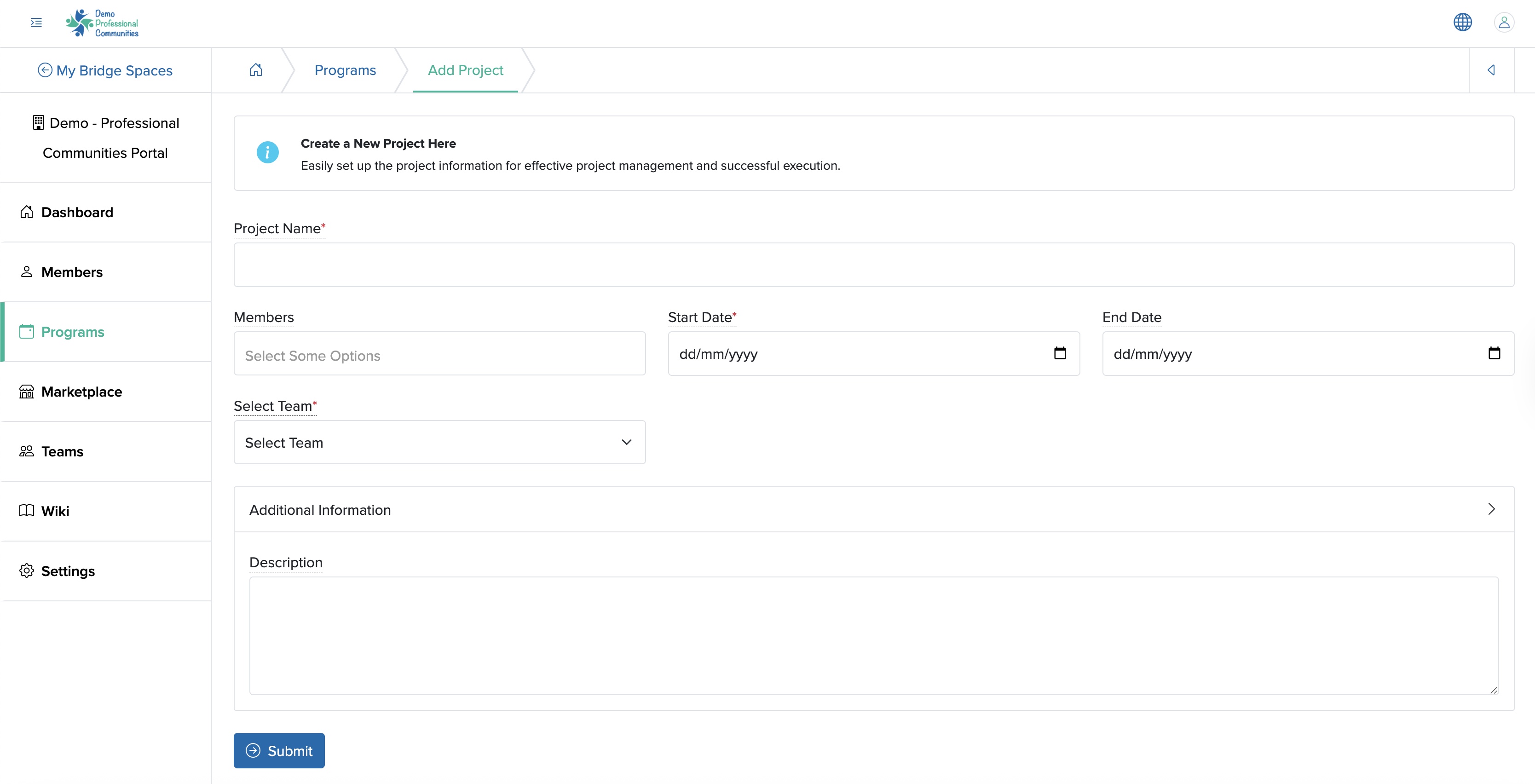 Figure 3: Individual Bridge Manager Control Panel Add Project Screen