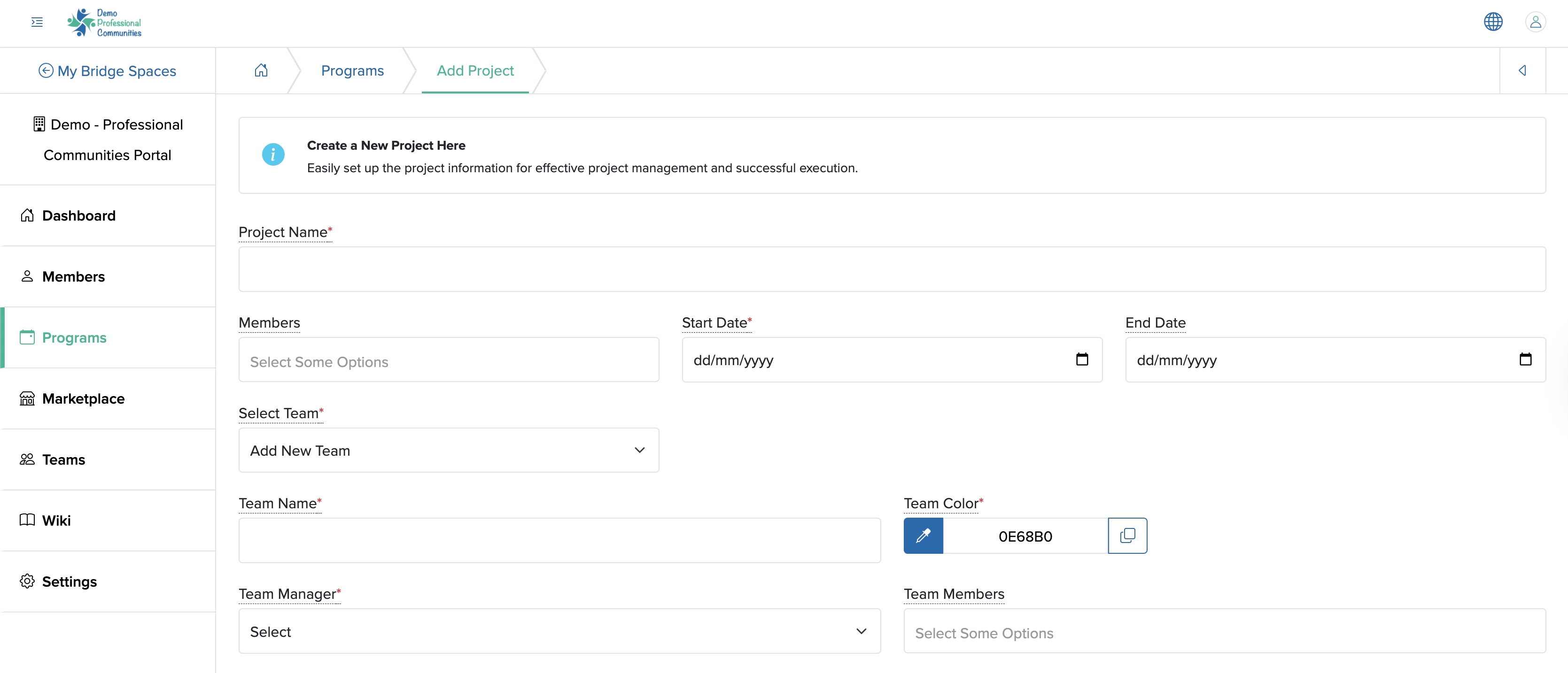 Figure 4: Individual Bridge Manager Control Panel Add Team to a Project Screen