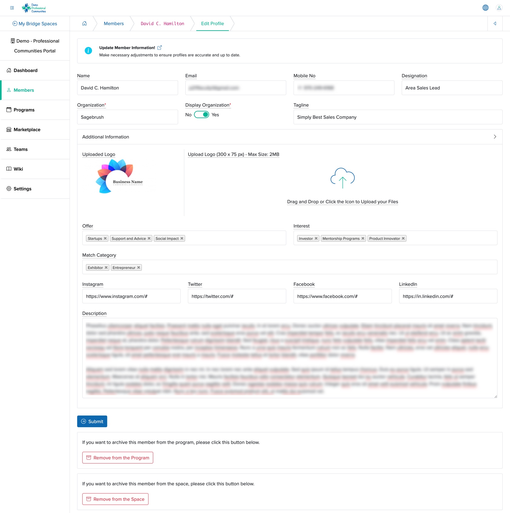 Figure 14: Individual Bridge Manager Control Panel Individual Event Attendee Profile Edit Screen