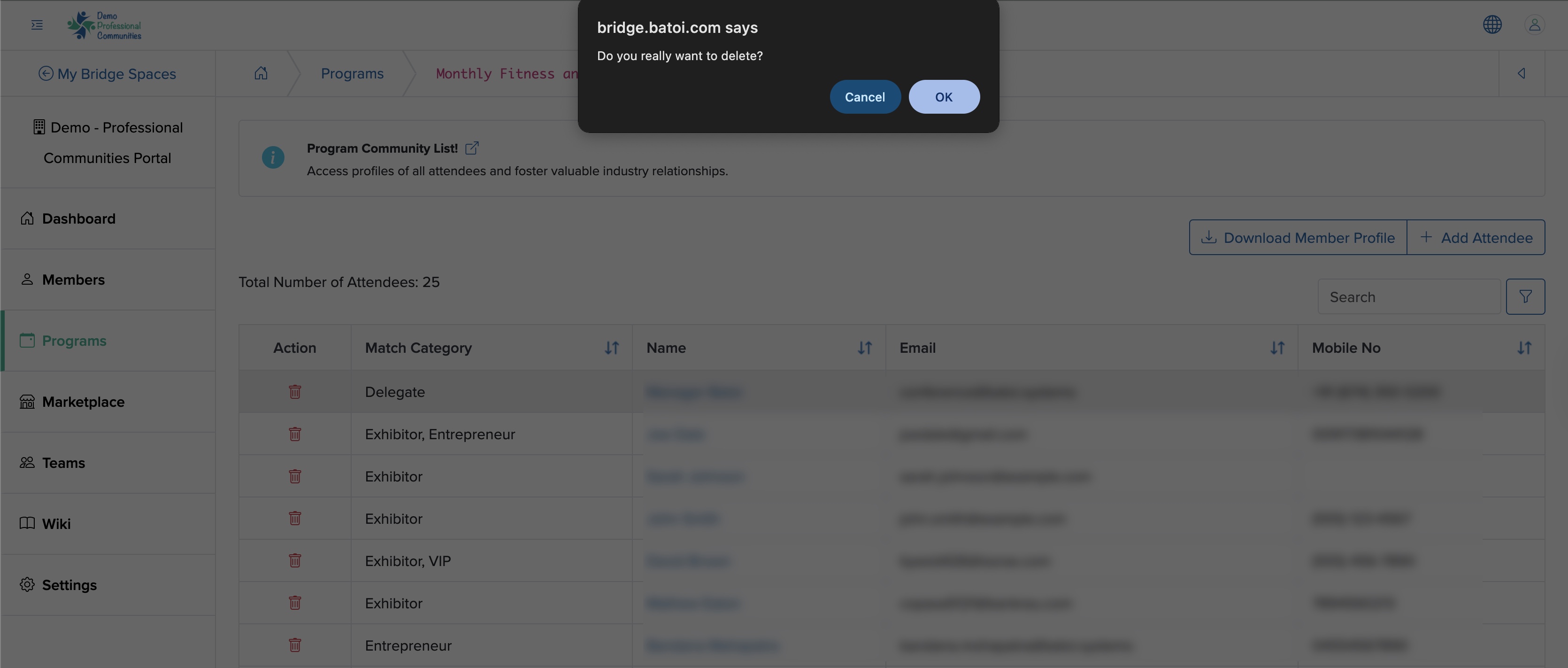 Figure 12: Individual Bridge Manager Control Panel Individual Event Attendee Delete Screen