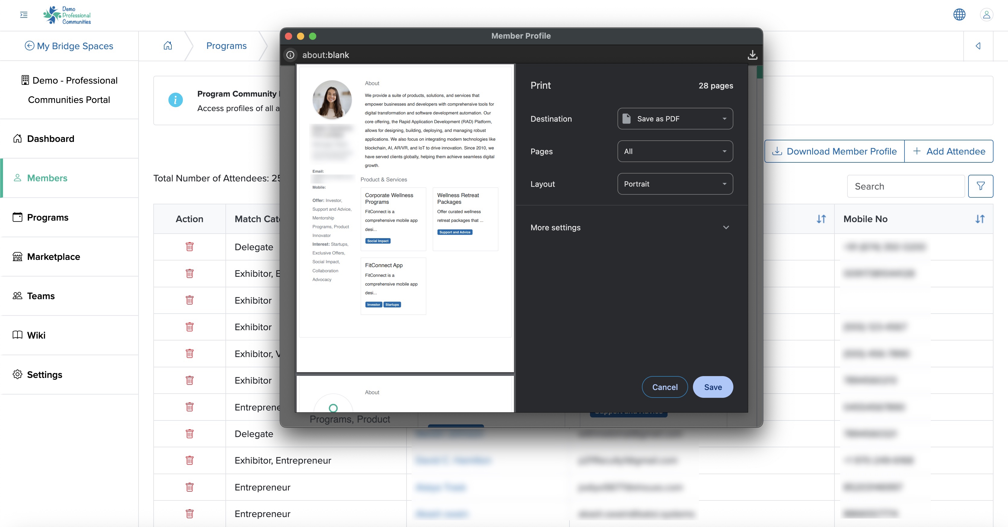Figure 13: Individual Bridge Manager Control Panel Individual Event Download Member Profile Popup Screen