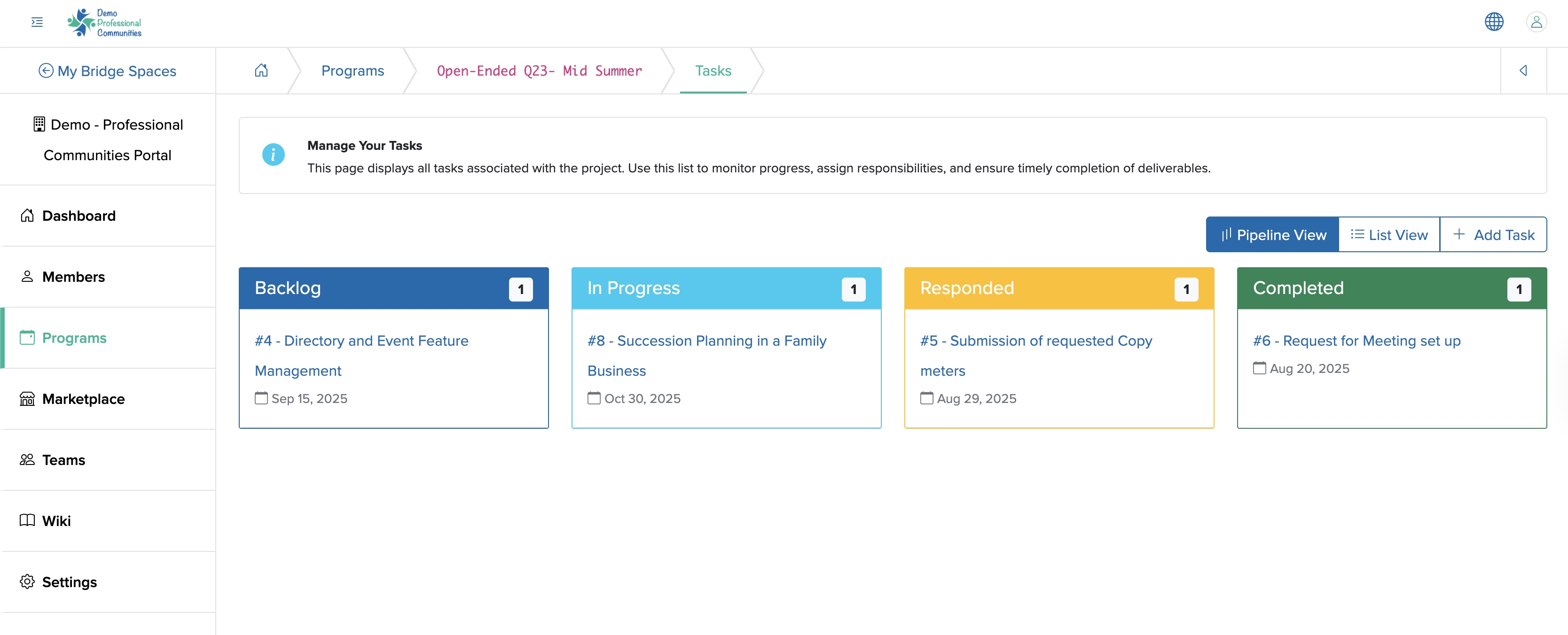 Figure 7: Individual Bridge Manager Control Panel Individual Project Task Dashboard Screen