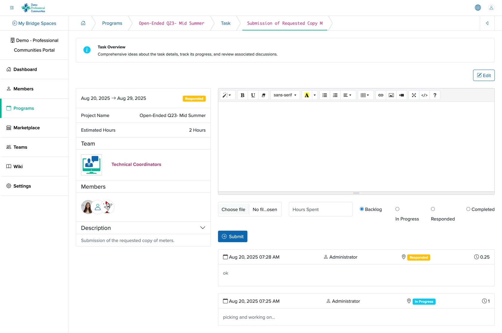 Figure 10: Individual Bridge Manager Control Panel Individual Task Log Screen