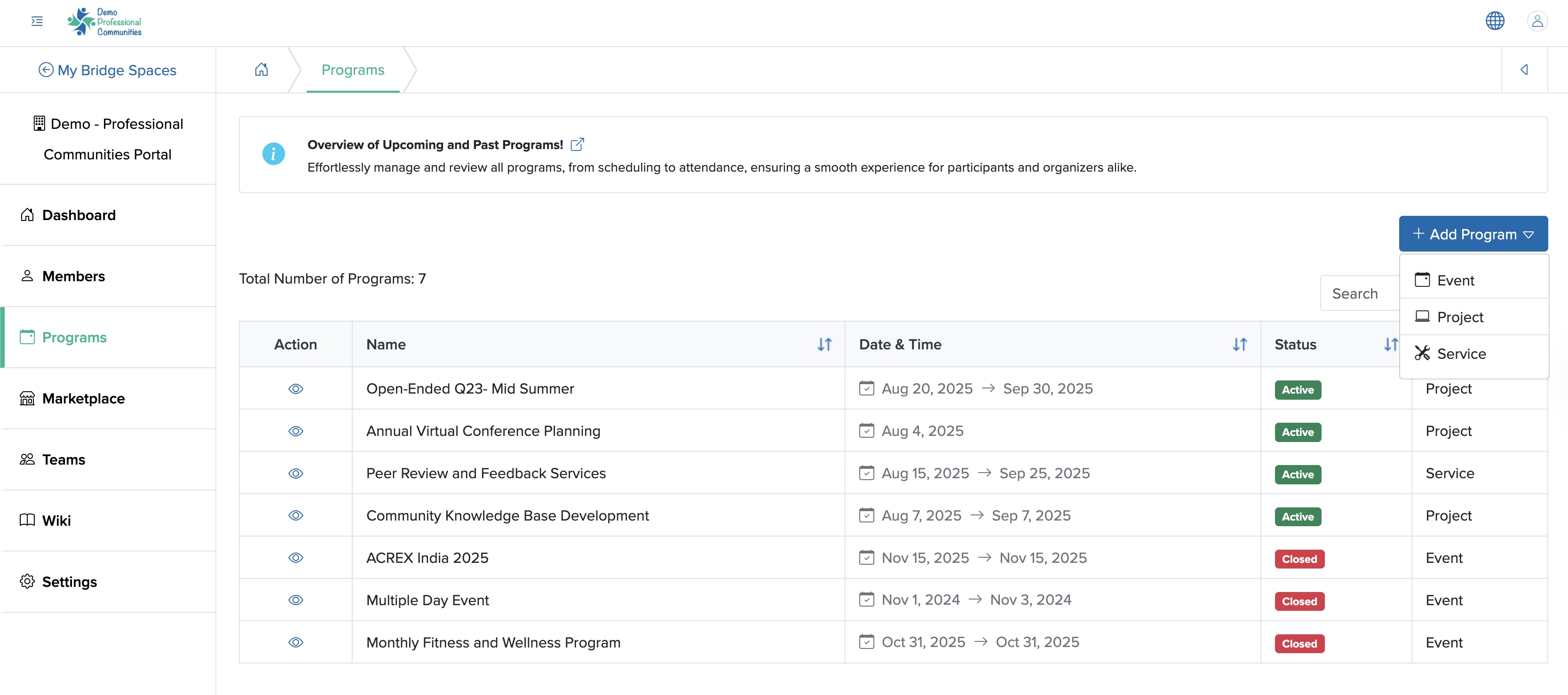 Figure 2: Individual Bridge Manager Control Panel Program Dashboard Add Program Screen