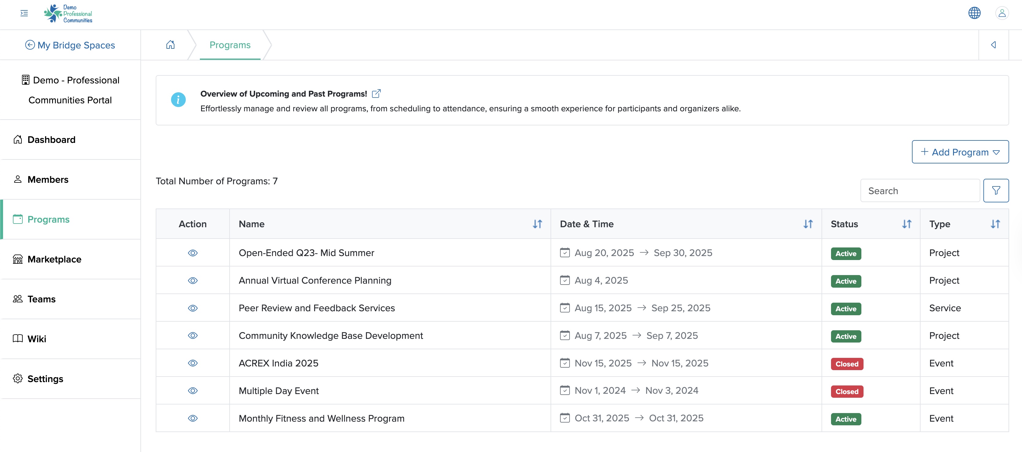 Figure 2: Individual Bridge Manager Control Panel Program List Screen