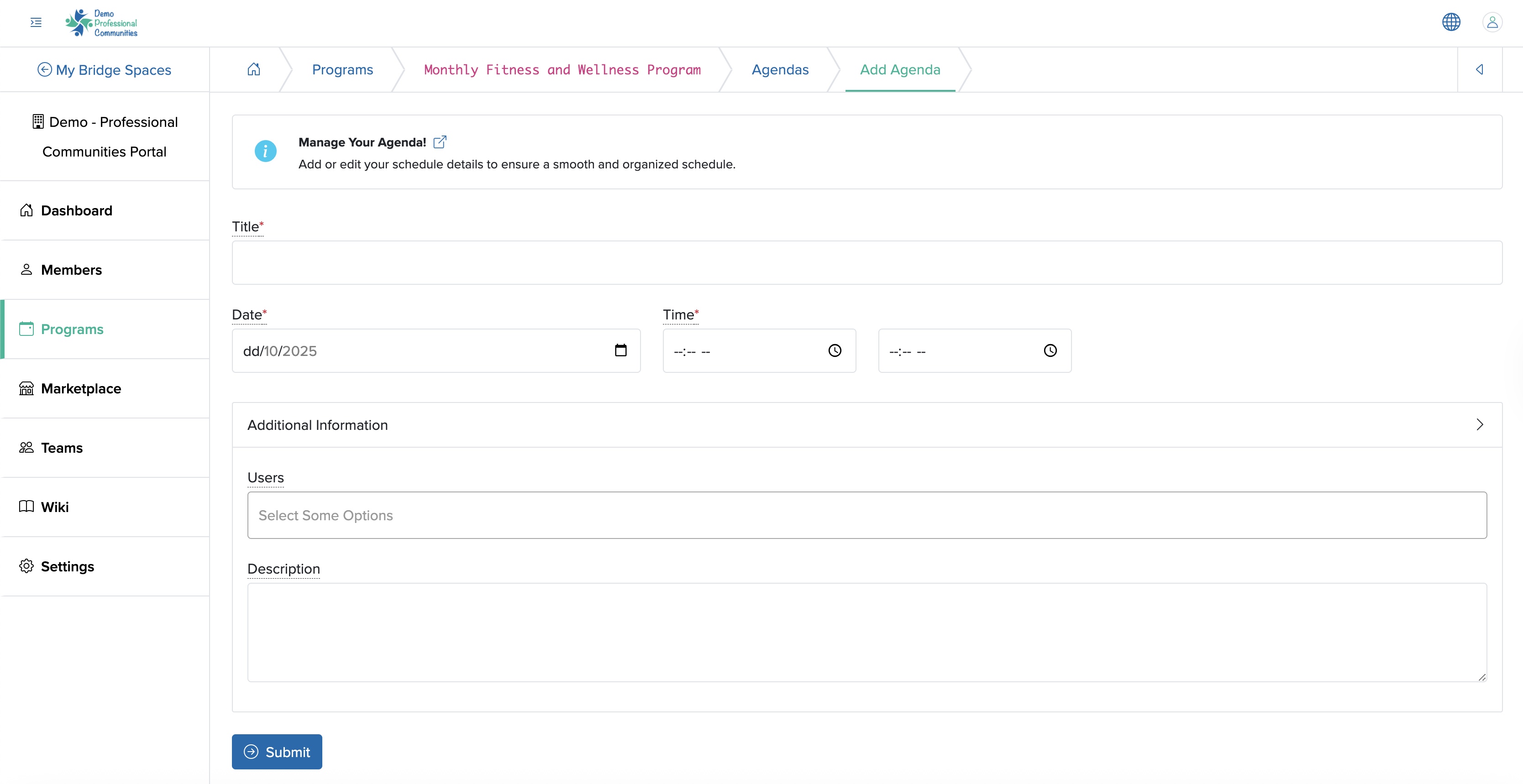 Figure 37: Individual Bridge Manager Control Panel Individual Event Add Agenda Screen