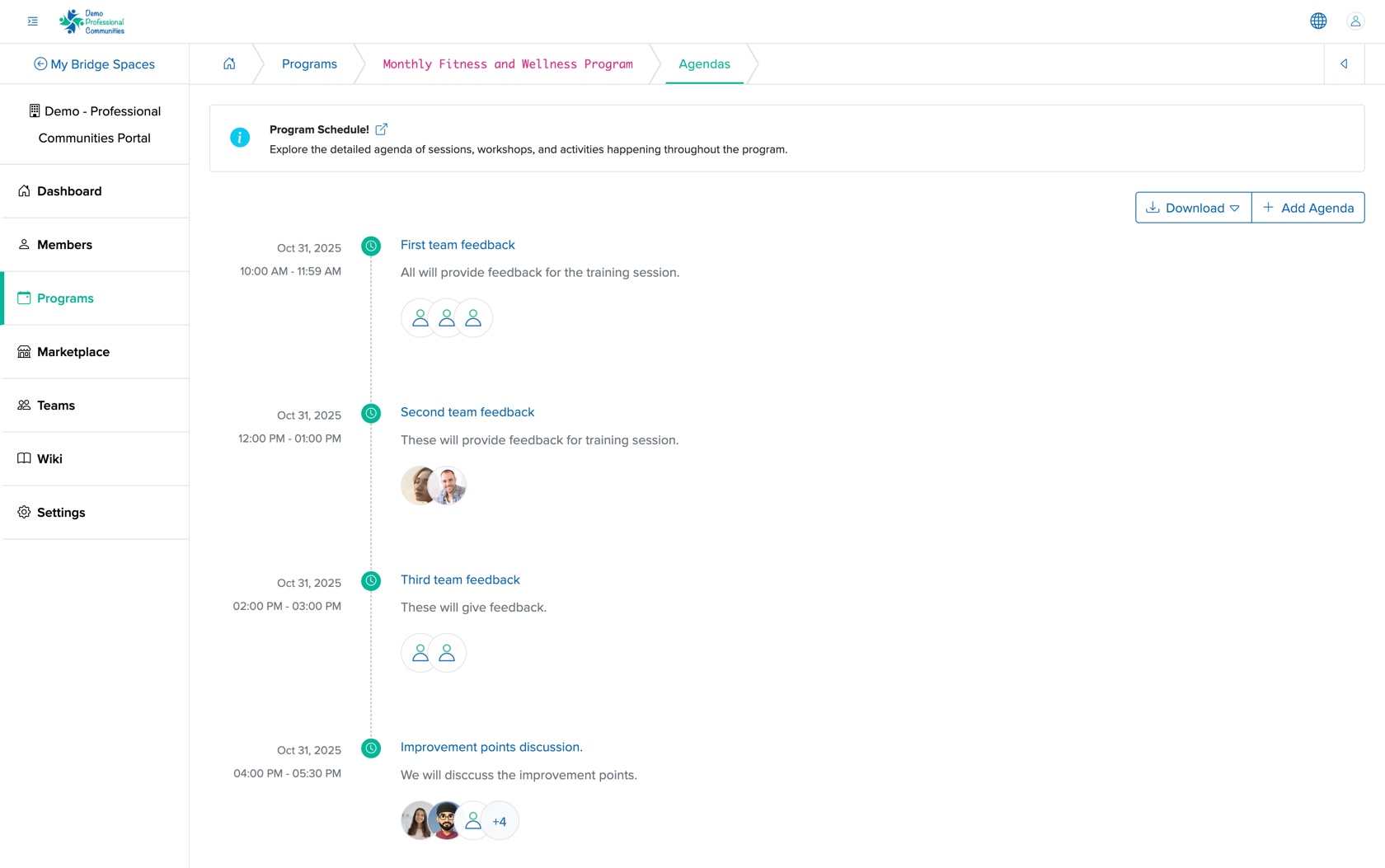 Figure 35: Individual Bridge Manager Control Panel Individual Event Agenda List Screen