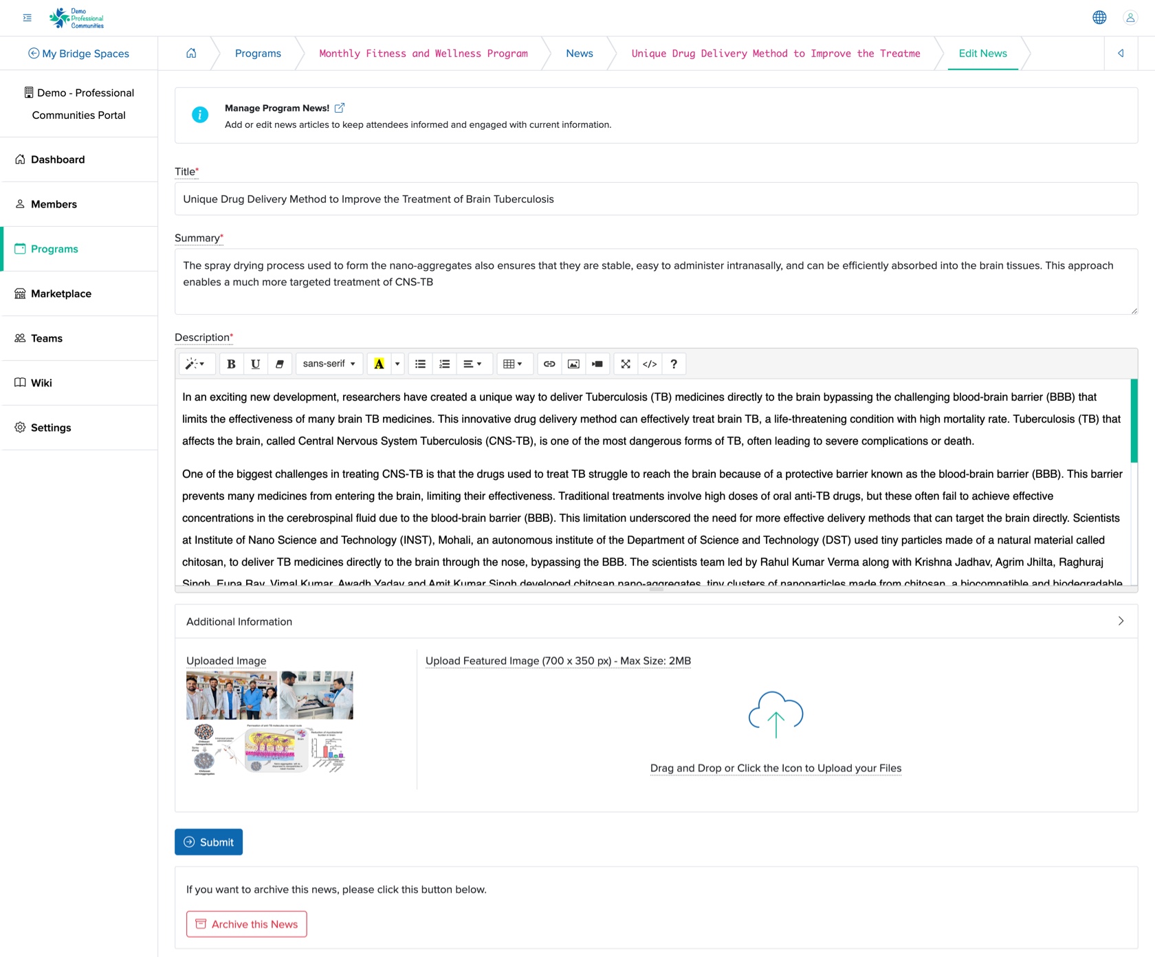 Figure 23: Individual Bridge Manager Control Panel Individual Event News Edit Screen