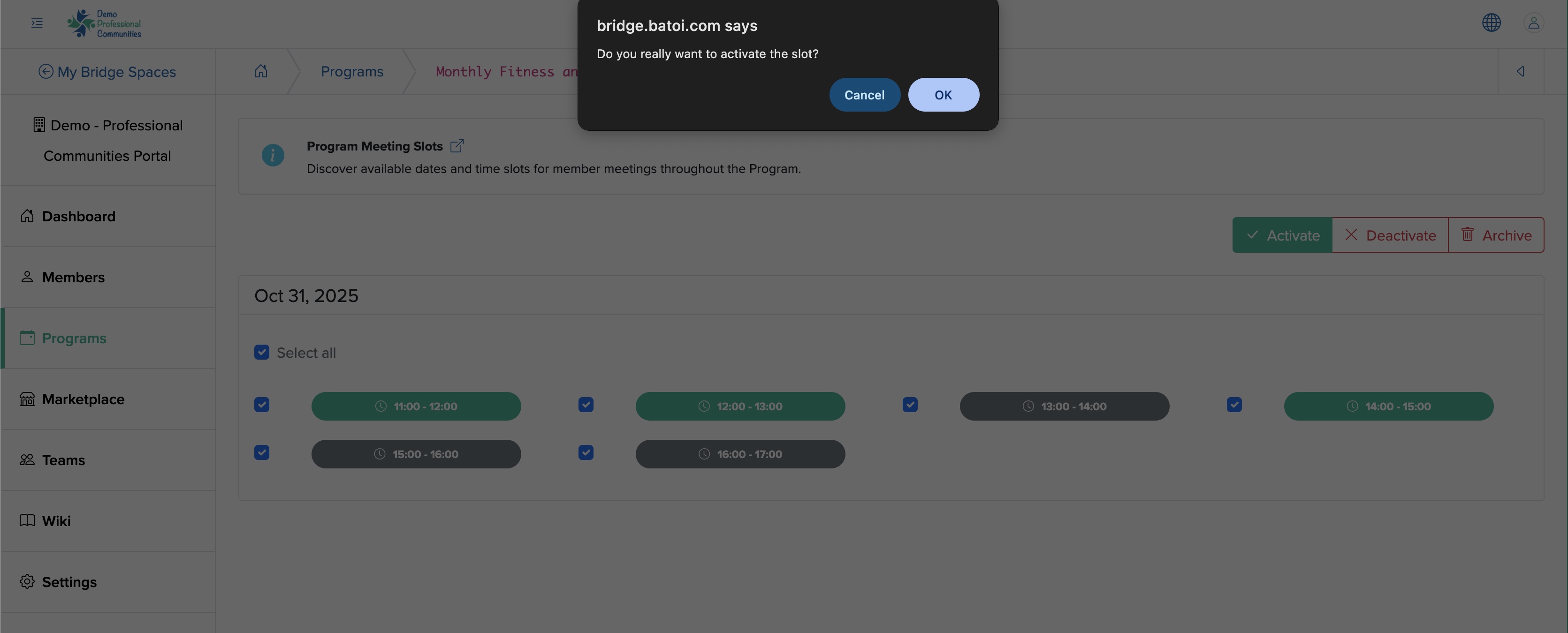 Figure 34: Individual Bridge Manager Control Panel Individual Event All Meeting Slots Activation/Deactivation Screen