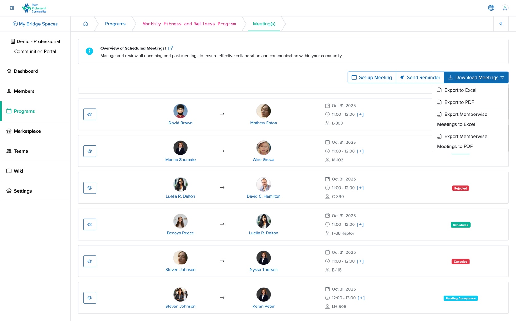 Figure 16: Individual Bridge Manager Control Download Meeting Dropdown Memu Screen