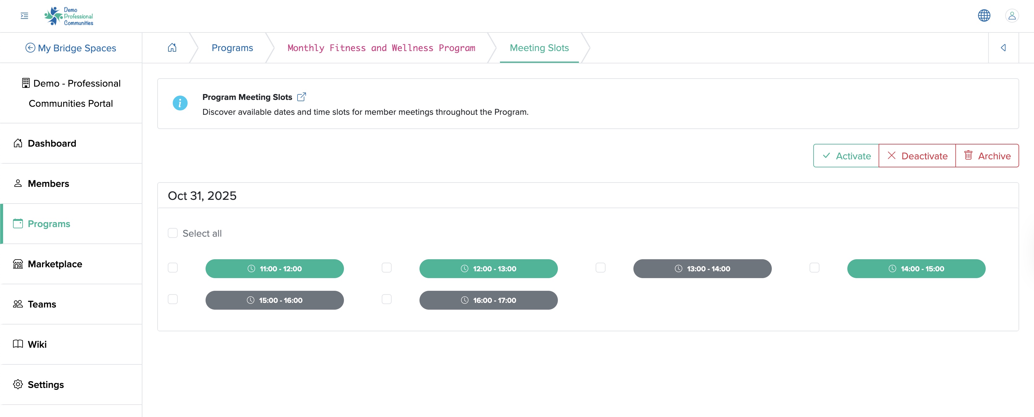 Figure 32: Individual Bridge Manager Control Panel Individual Event Meeting Slots Details Screen