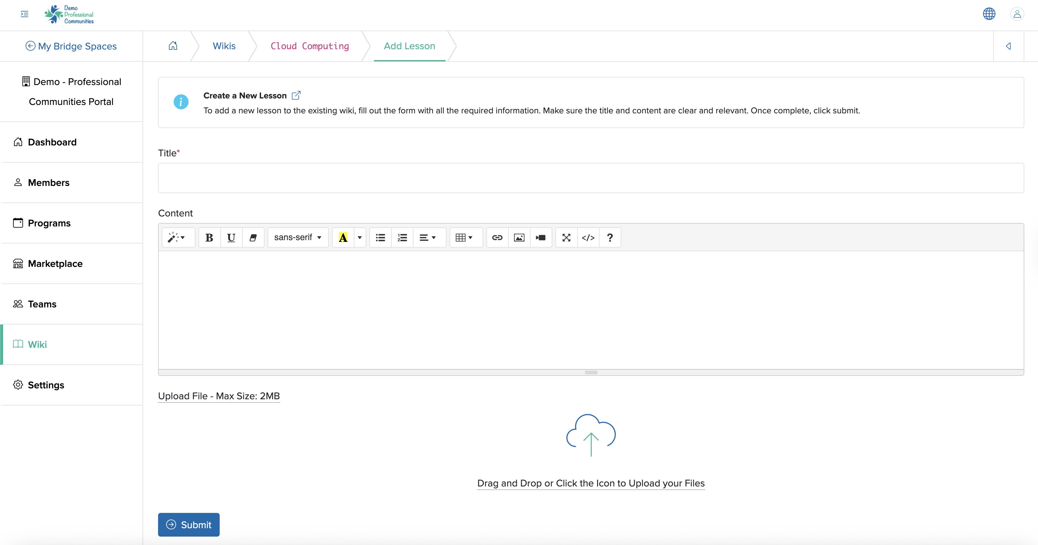 Figure 10: Individual Bridge Manager Control Panel Add Lesson Wiki Screen