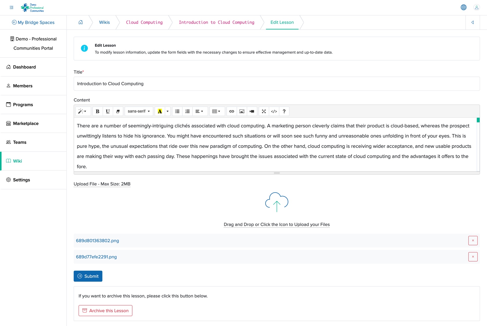 Figure 12: Individual Bridge Manager Control Panel Edit Lesson Wiki Screen