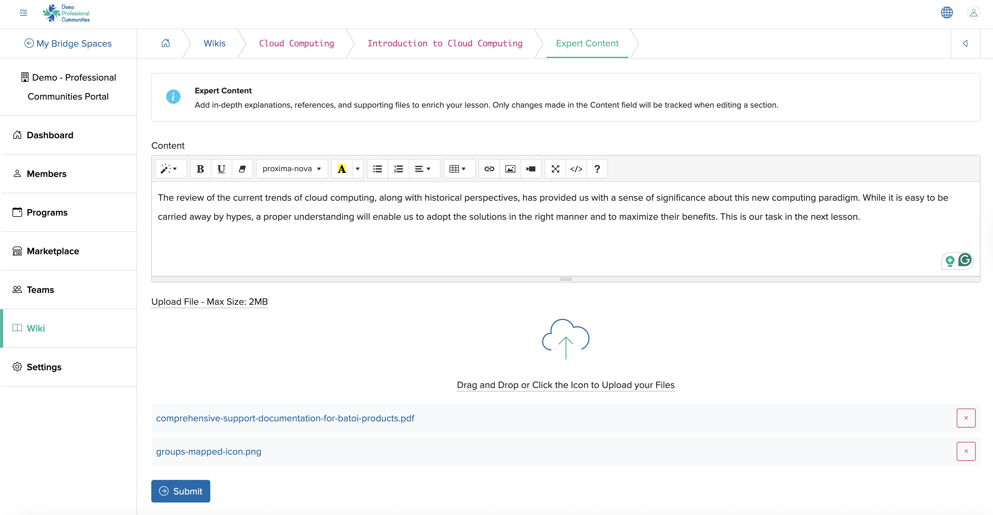 Figure 13: Individual Bridge Manager Control Panel Add Expert Content to Lesson Wiki Screen