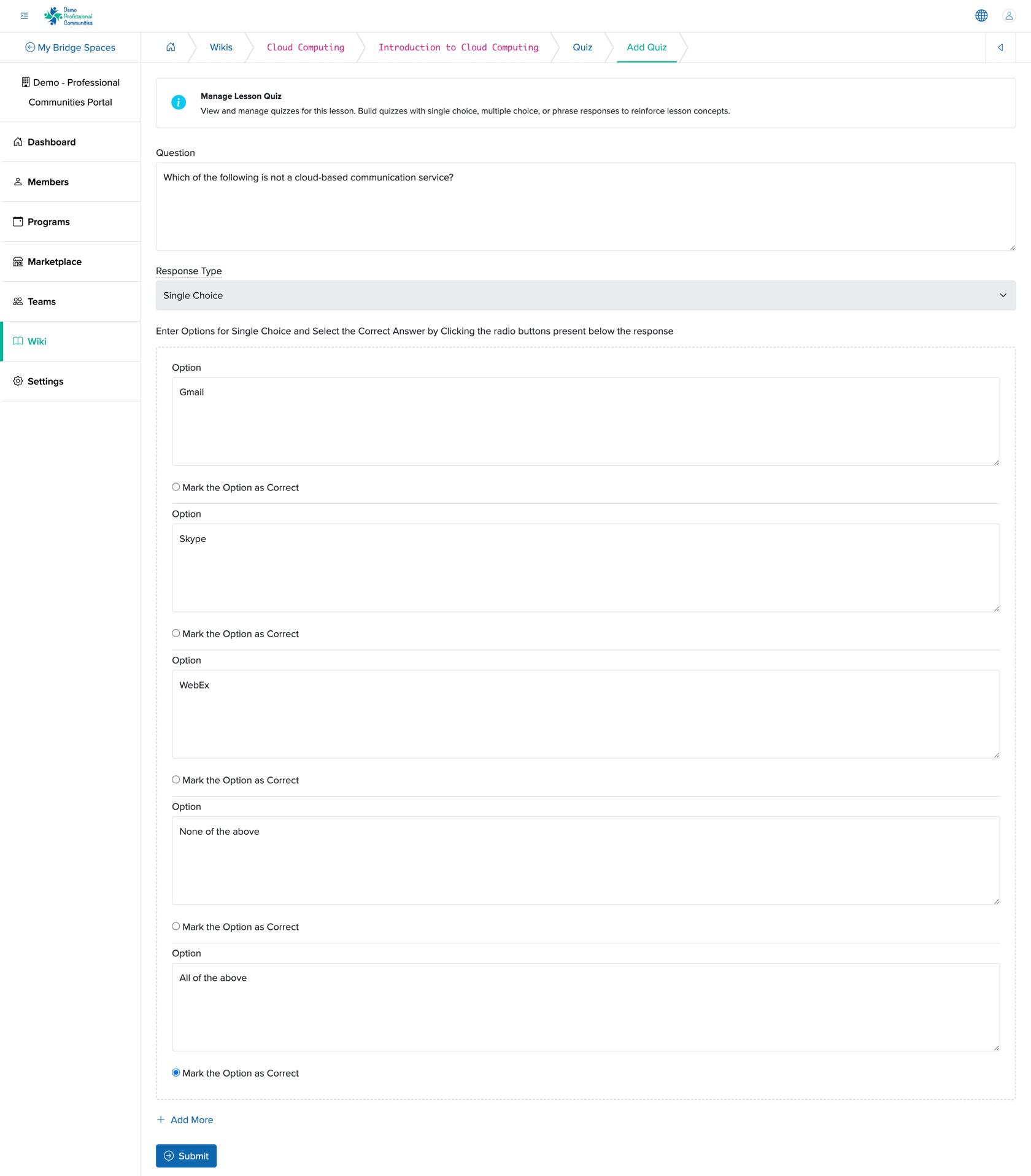 Figure 18: Individual Bridge Manager Control Panel Edit Quiz for Lesson Wiki Screen