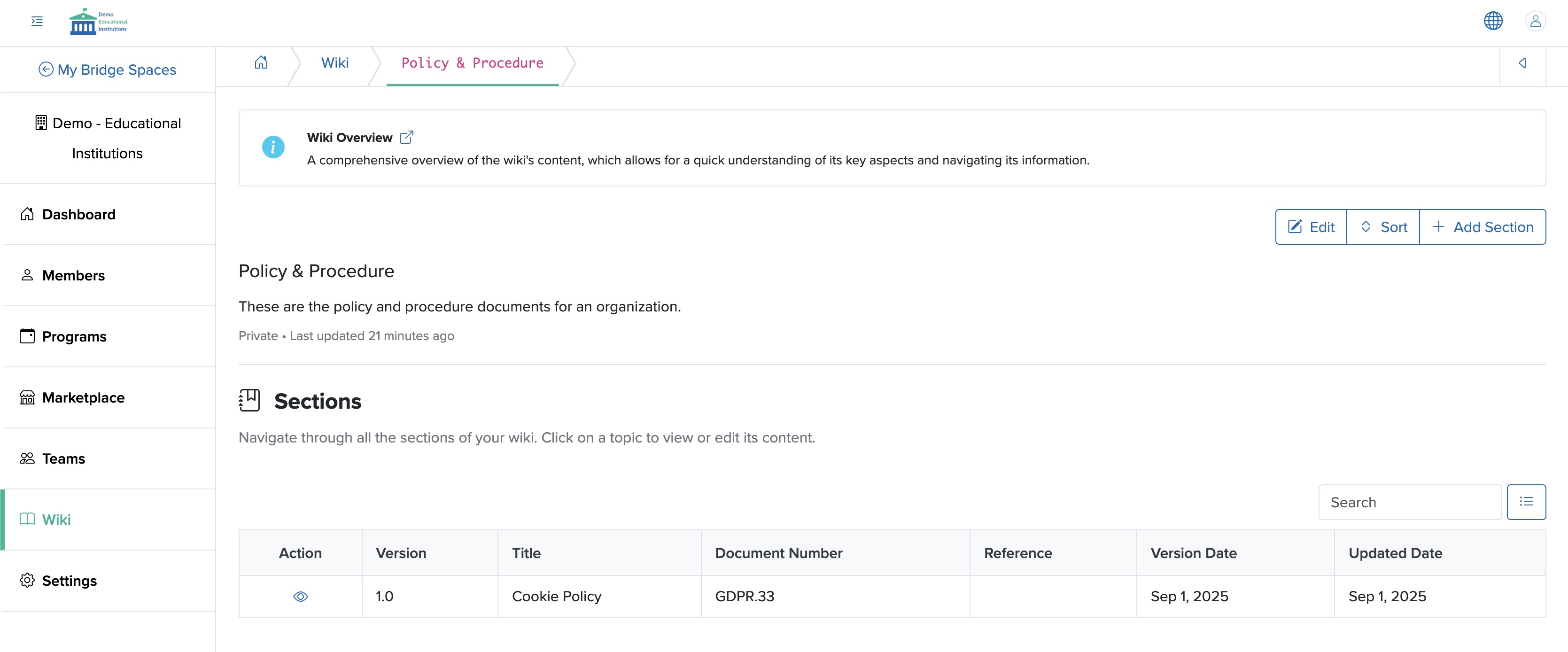 Figure 19: Individual Bridge Manager Control Panel Document Type Wiki List Screen
