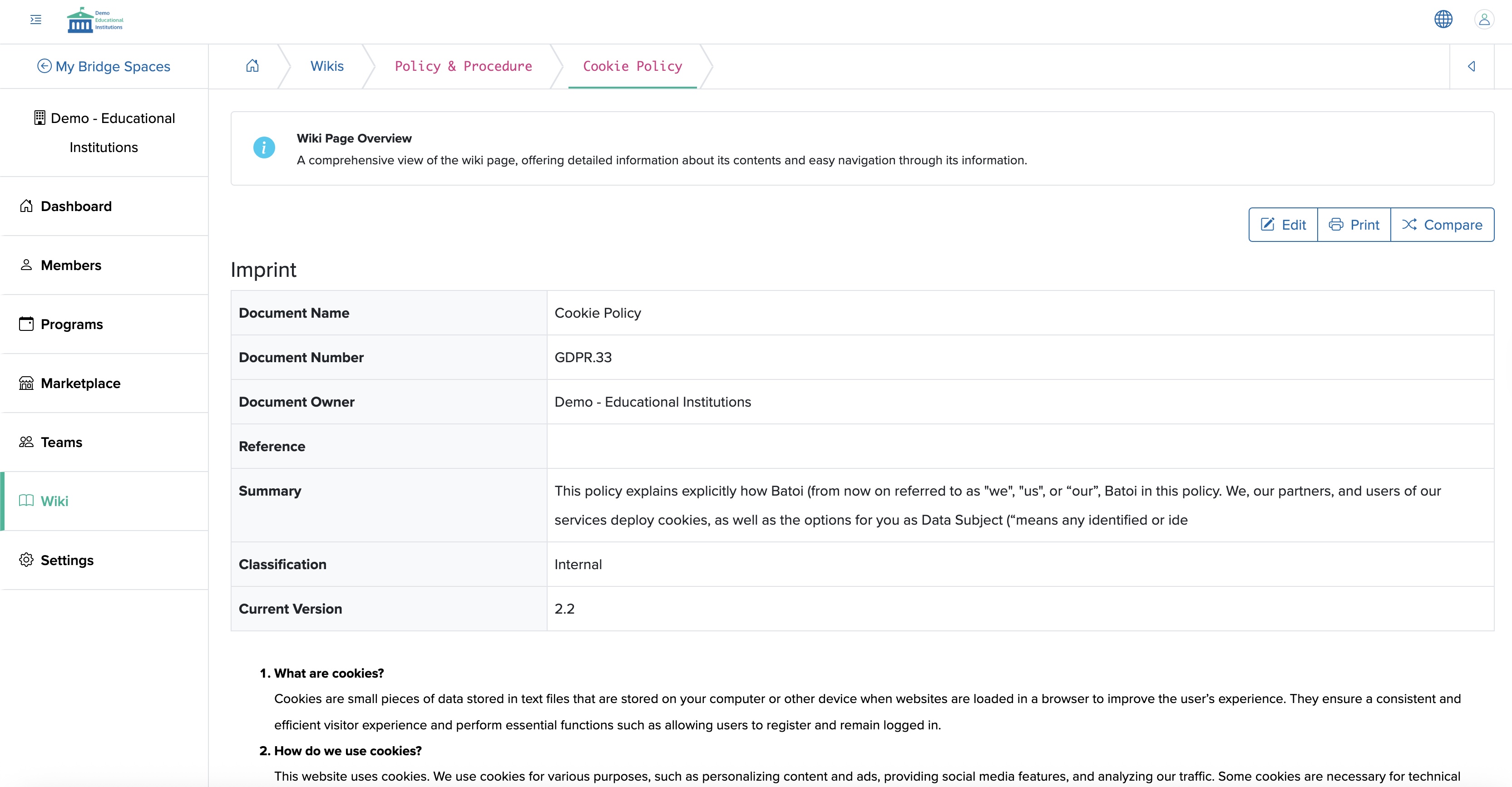 Figure 21: Individual Bridge Manager Control Panel View Document Wiki Screen