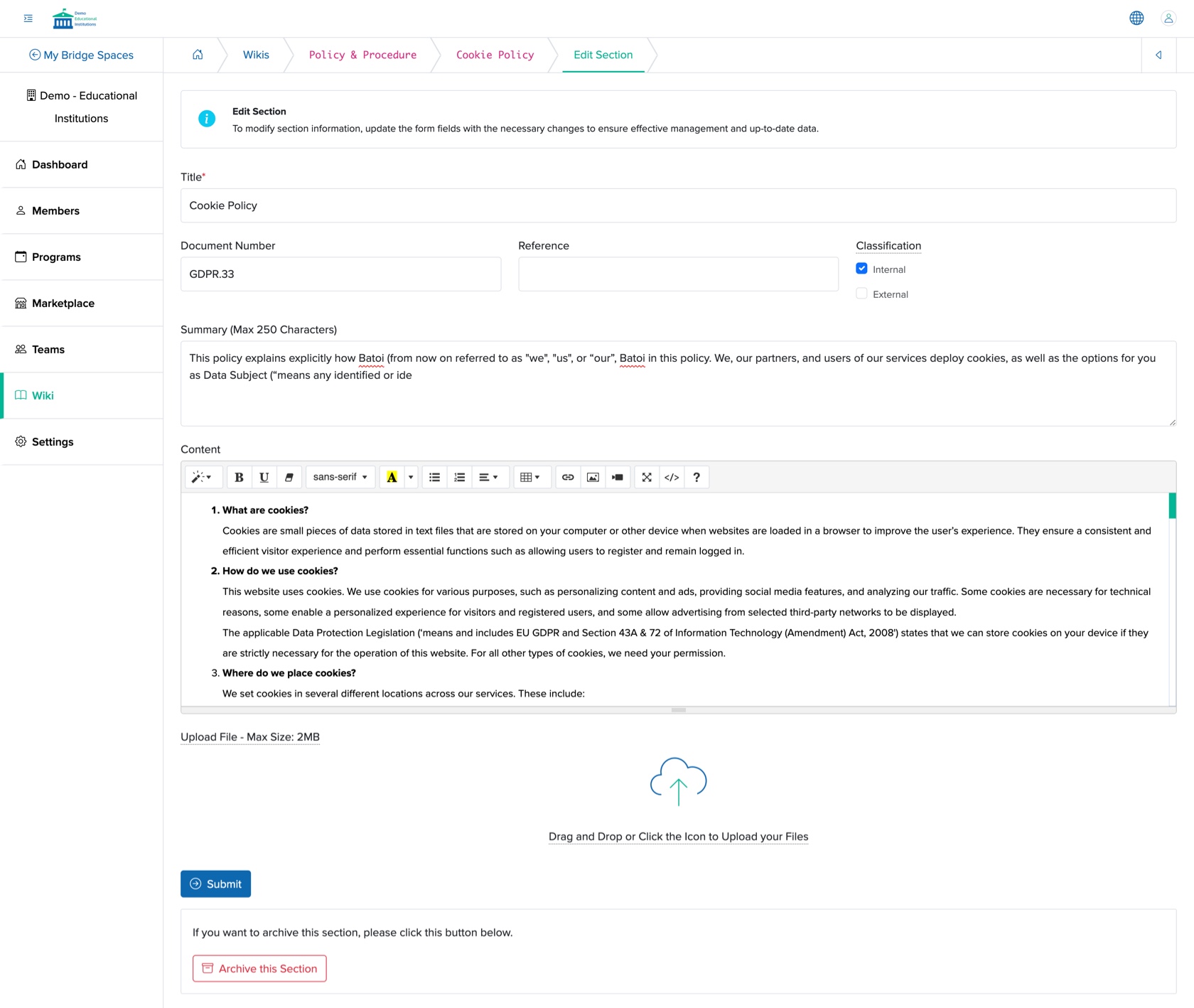 Figure 22: Individual Bridge Manager Control Panel Edit Document Wiki Screen