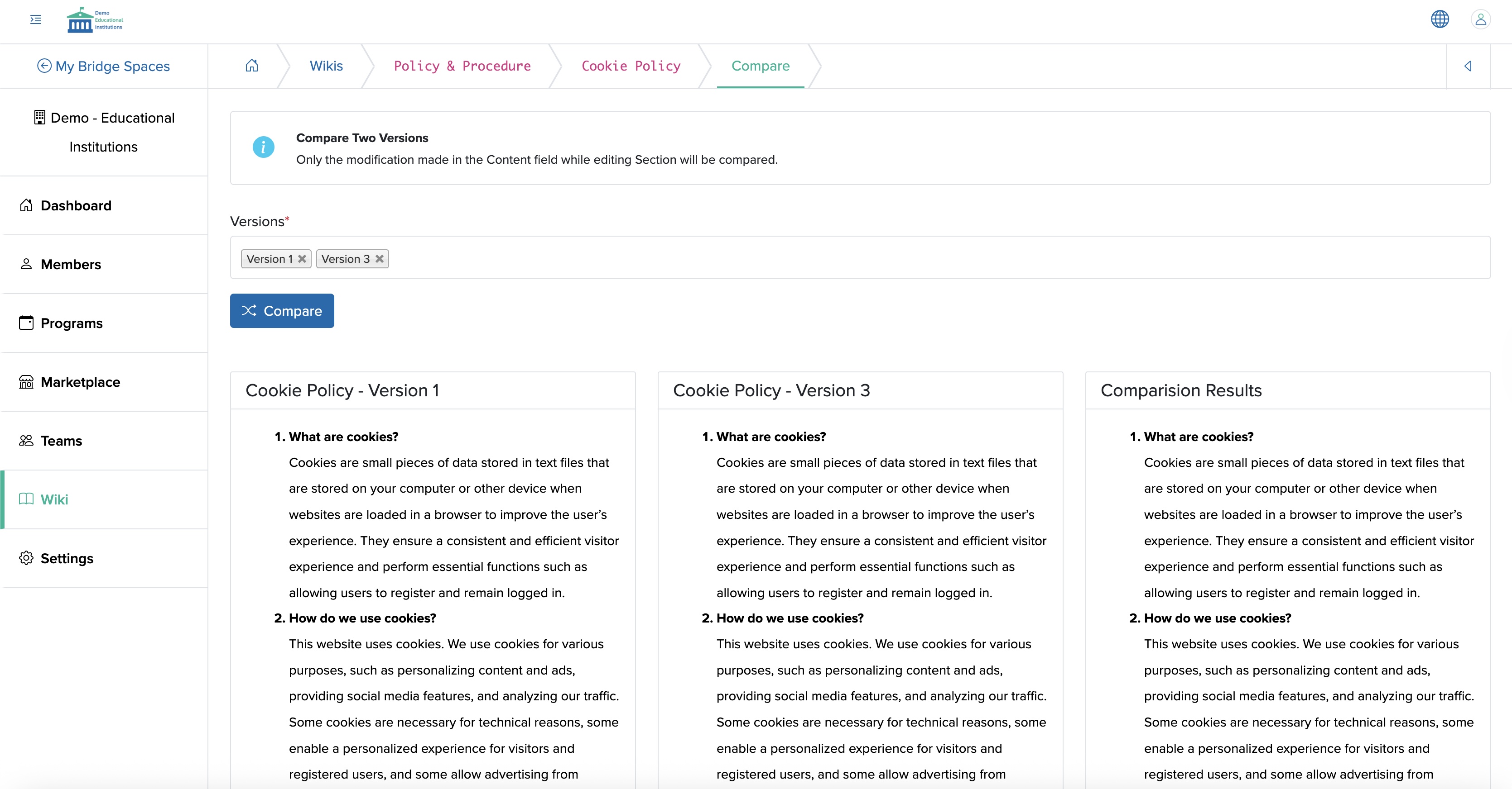 Figure 24: Individual Bridge Manager Control Panel Compare Document Wiki Screen