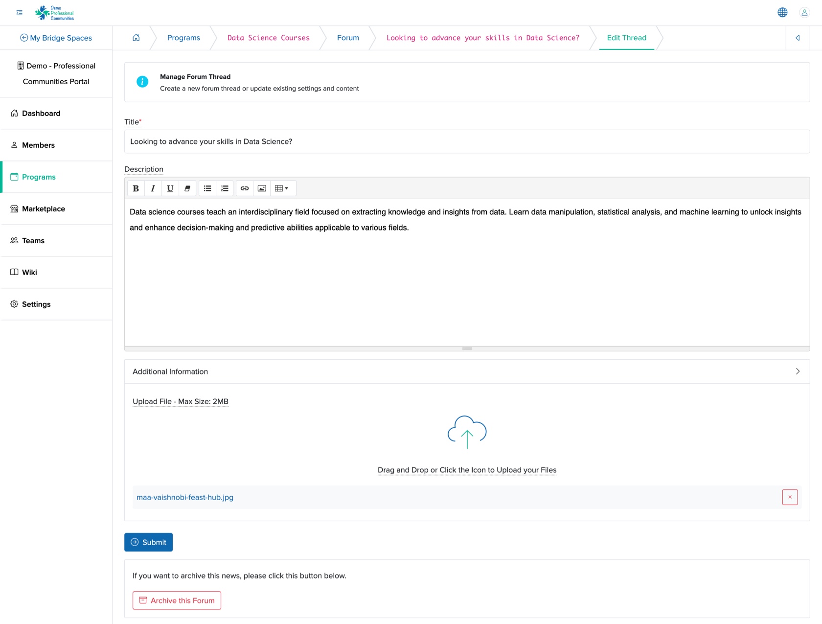 Figure 9: Individual Bridge Manager Control Panel, Individual Learning Program Forum Thread edit Screen