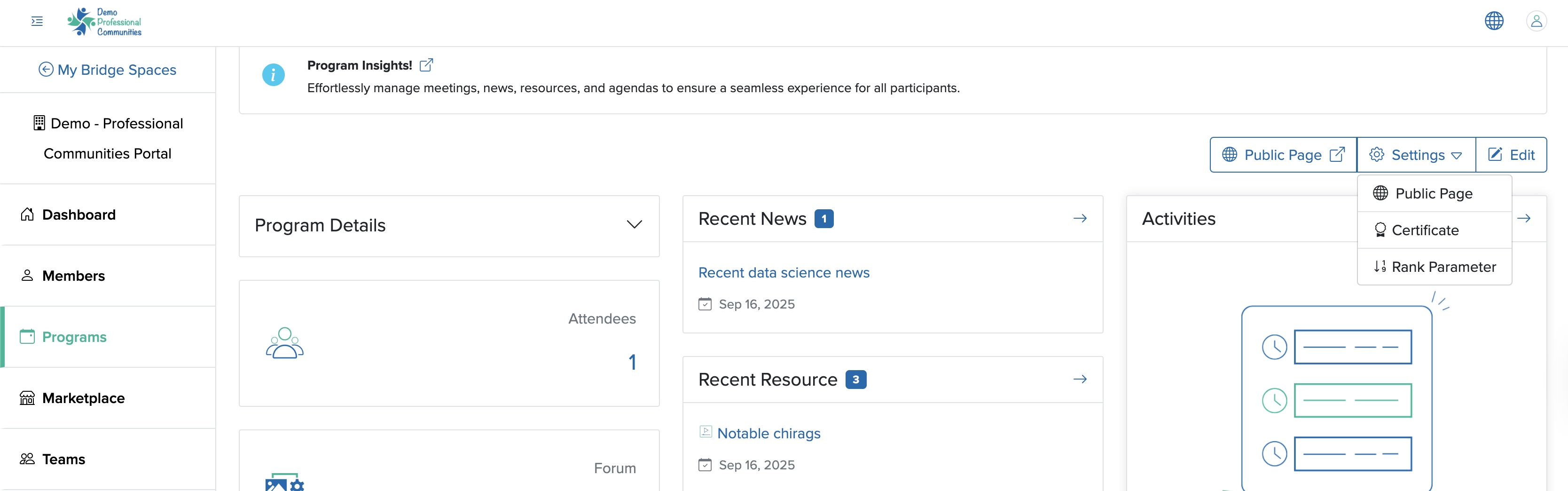 Figure 10: Individual Bridge Manager Control Panel, Individual Learning Program Settings Option Drop Menu