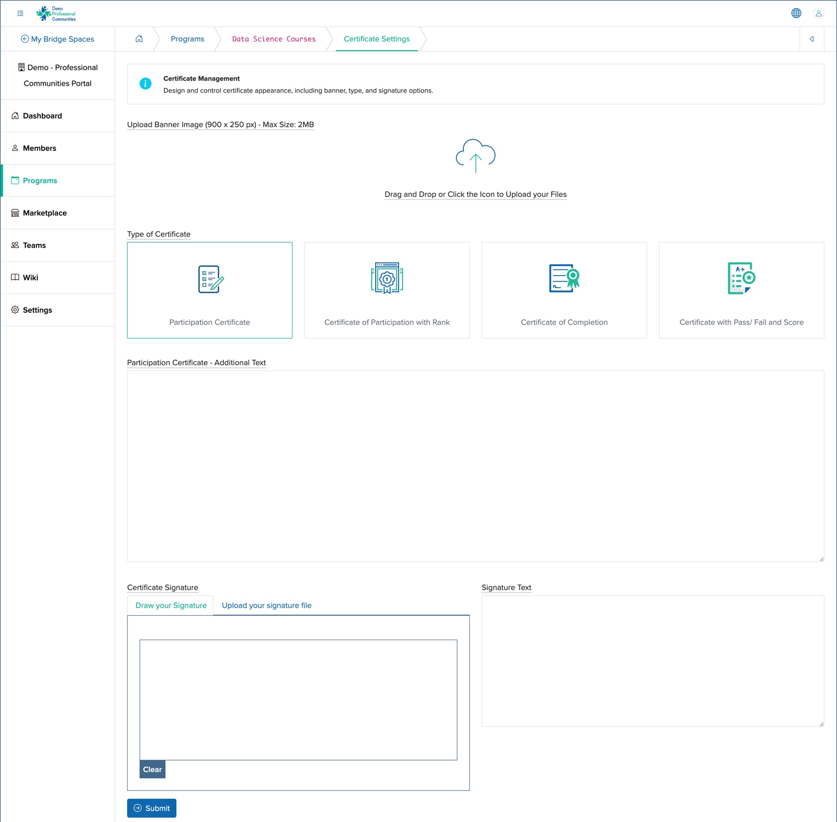 Figure 12: Individual Bridge Manager Control Panel, Individual Learning Program Certificate Settings Screen