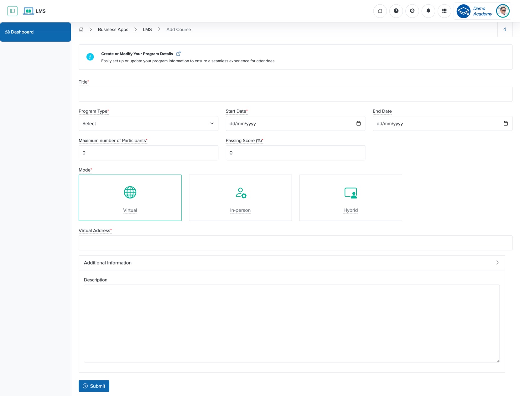 Figure 3: Individual Workspace - Add Course Screen