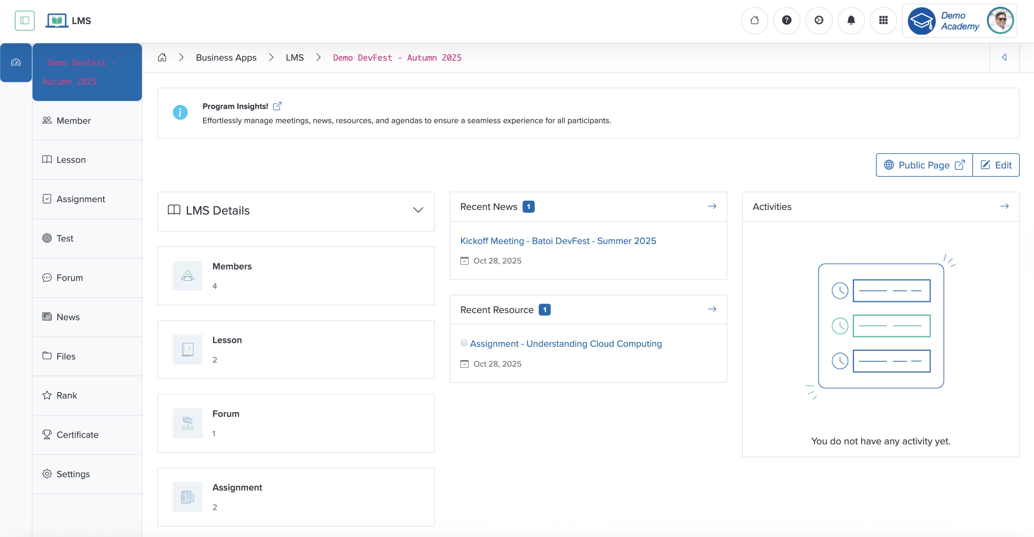 Figure 4: Individual Workspace - Individual Course Dashboard Screen
