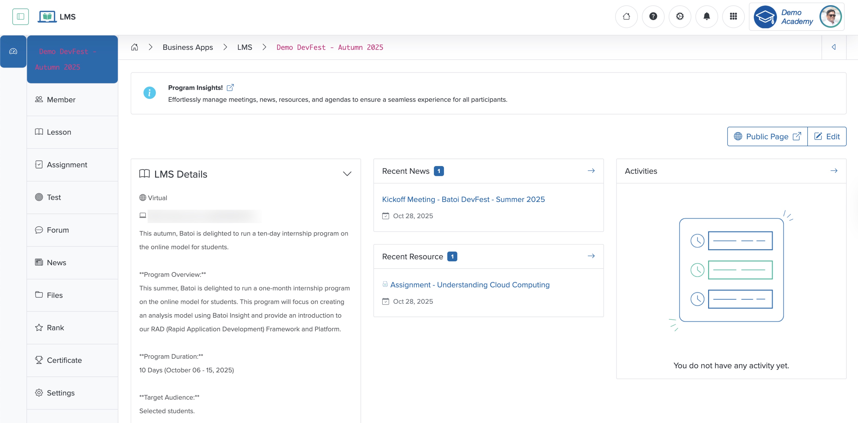 Figure 1: Individual Workspace - Course Detail Screen