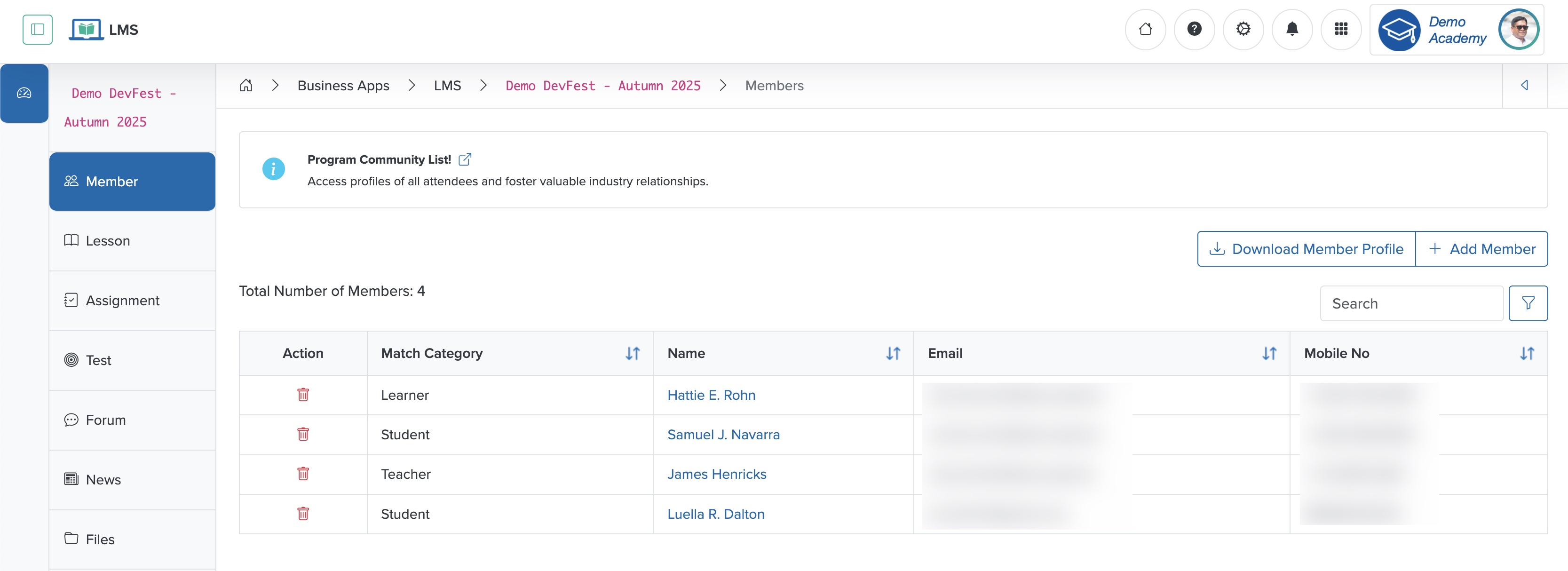 Figure 2: Individual Workspace - Individual Course Participants List Screen