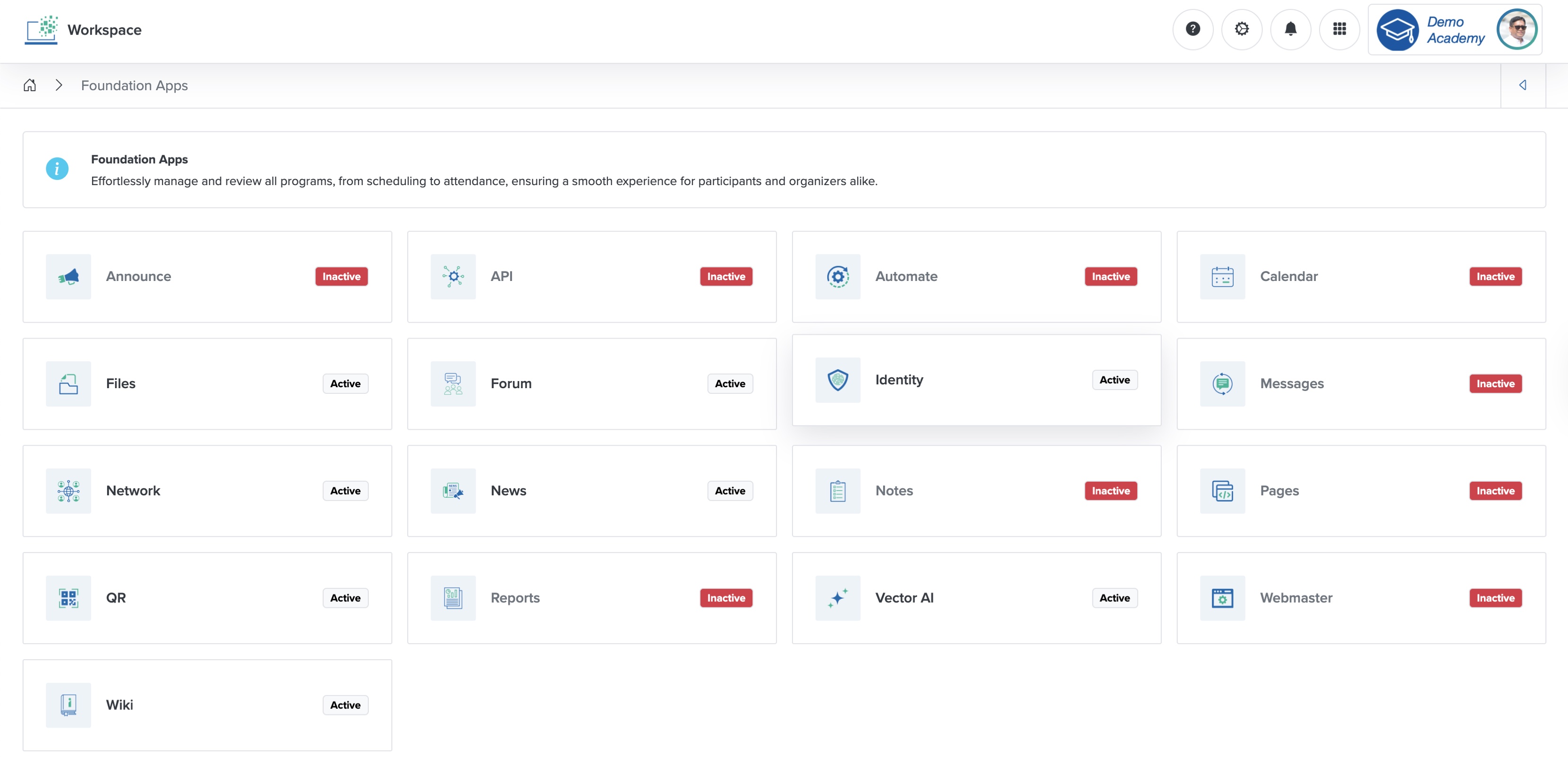 Figure 3: Individual Workspace - Foundation Apps List Screen