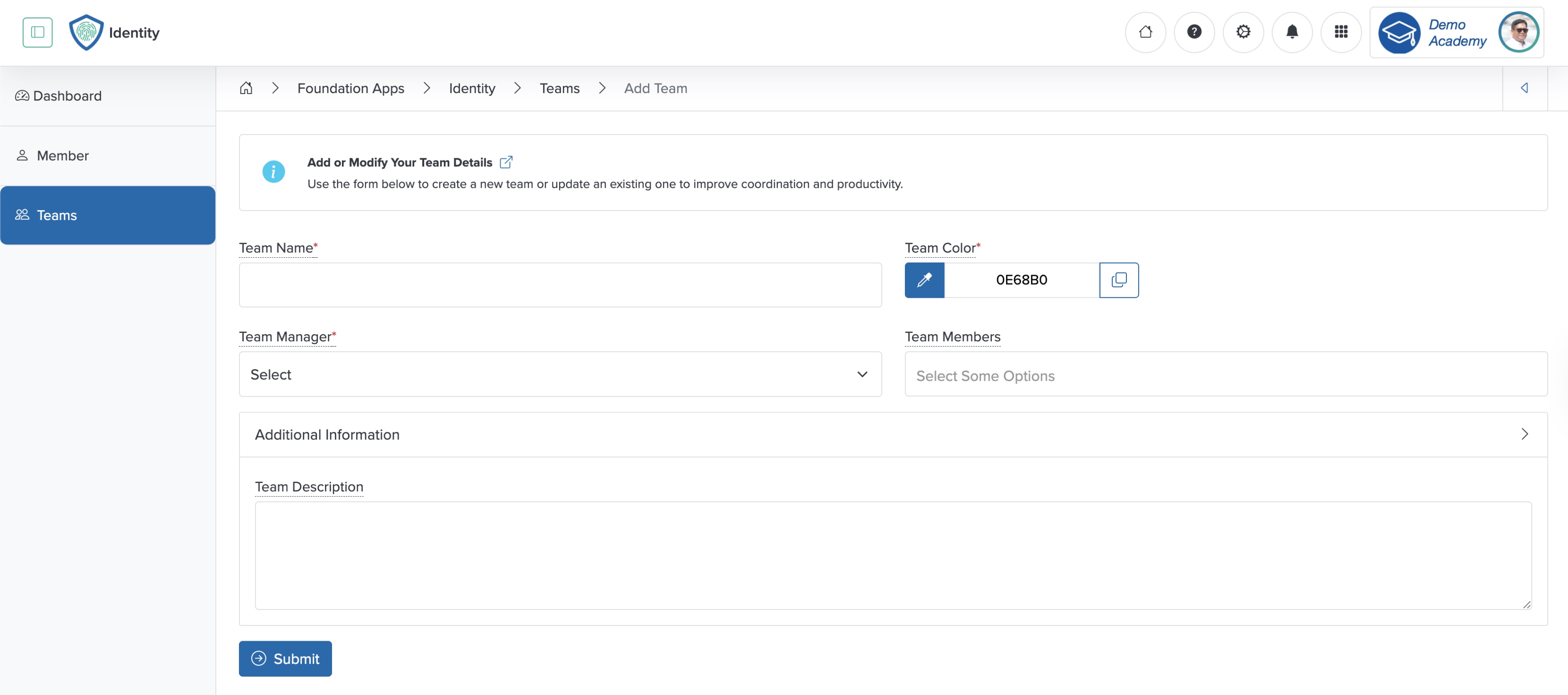 Figure 5: Individual Workspace - Identity App - Add Team Screen