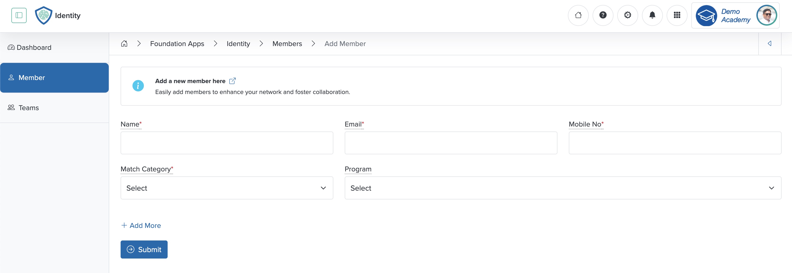 Figure 7: Individual Workspace - Identity App - Add Member Screen