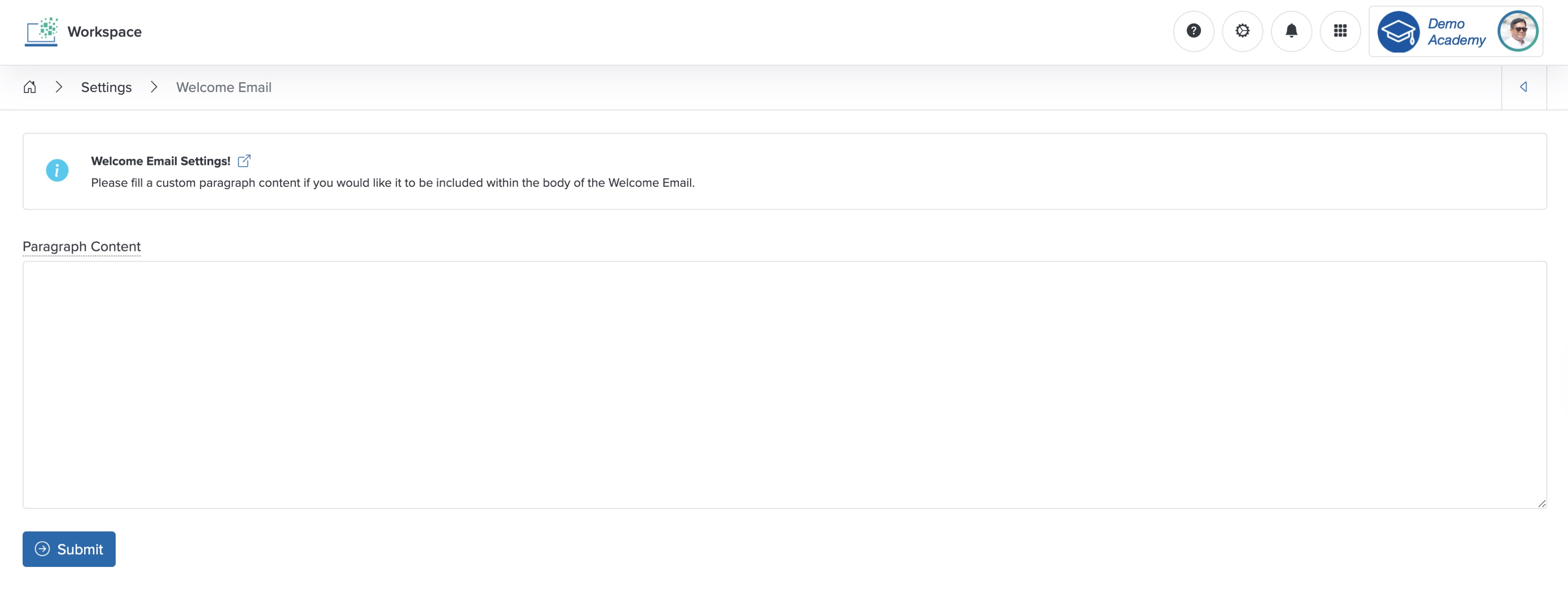 Figure 12: Individual Workspace - Welcome Email Setting Screen