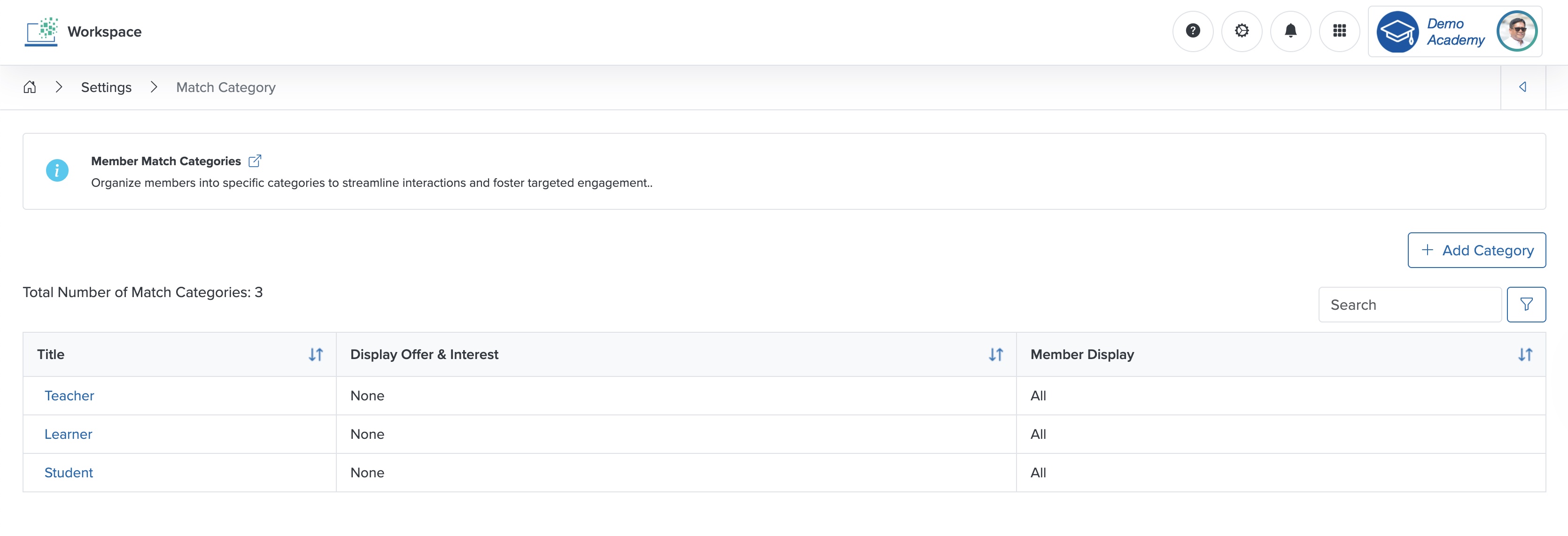 Figure 14: Individual Workspace - Match Category List Screen