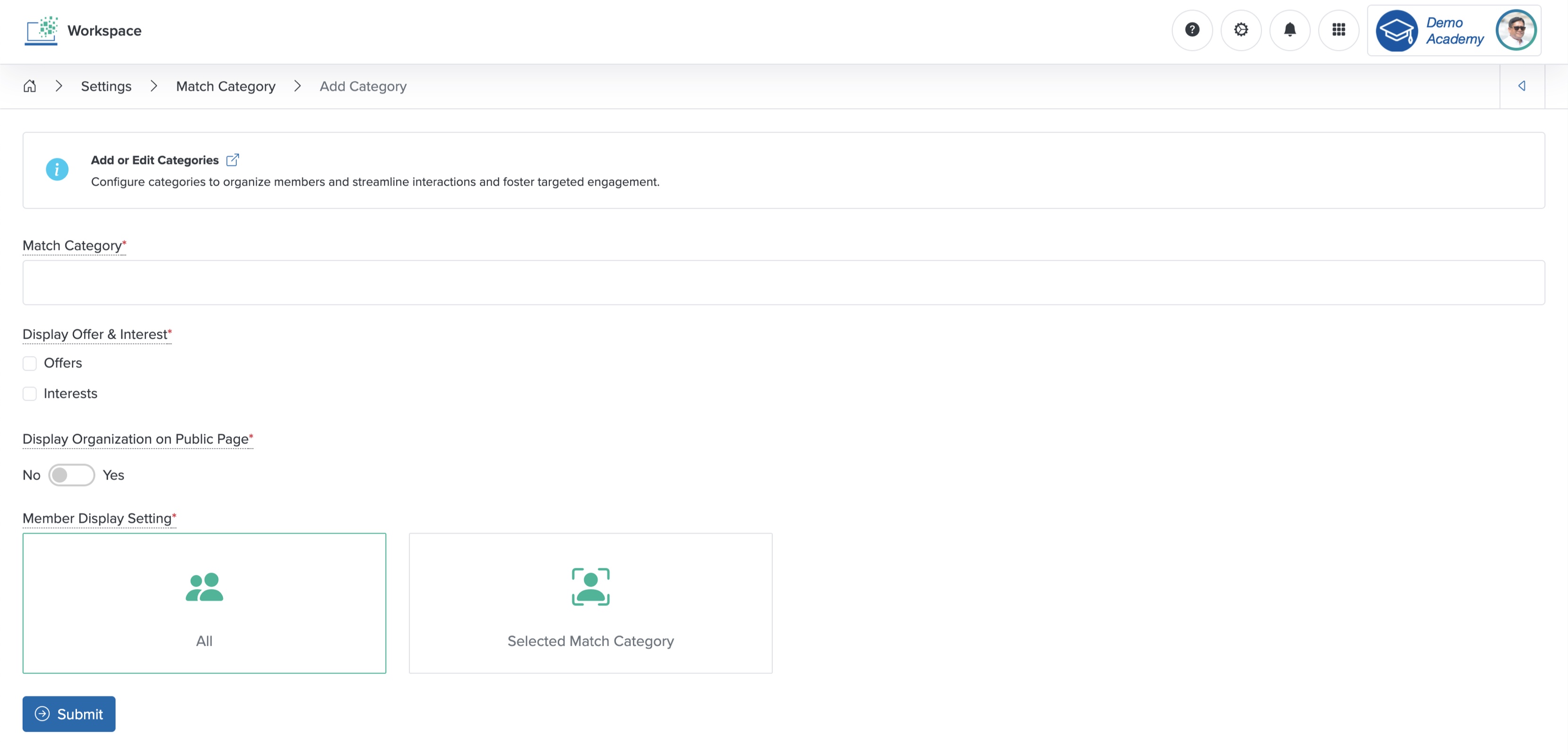 Figure 15: Individual Workspace - Add Match Category Screen