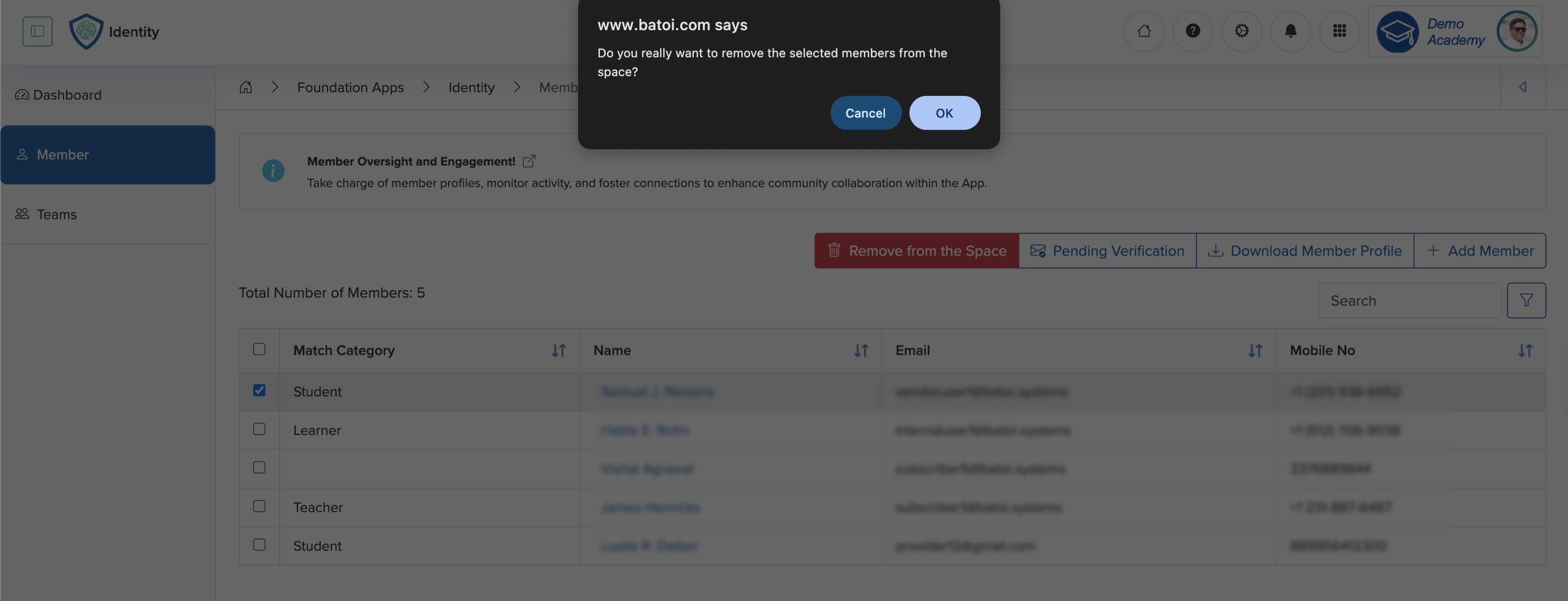 Figure 19: Individual Workspace - Remove Member from Workspace Pop-up Screen
