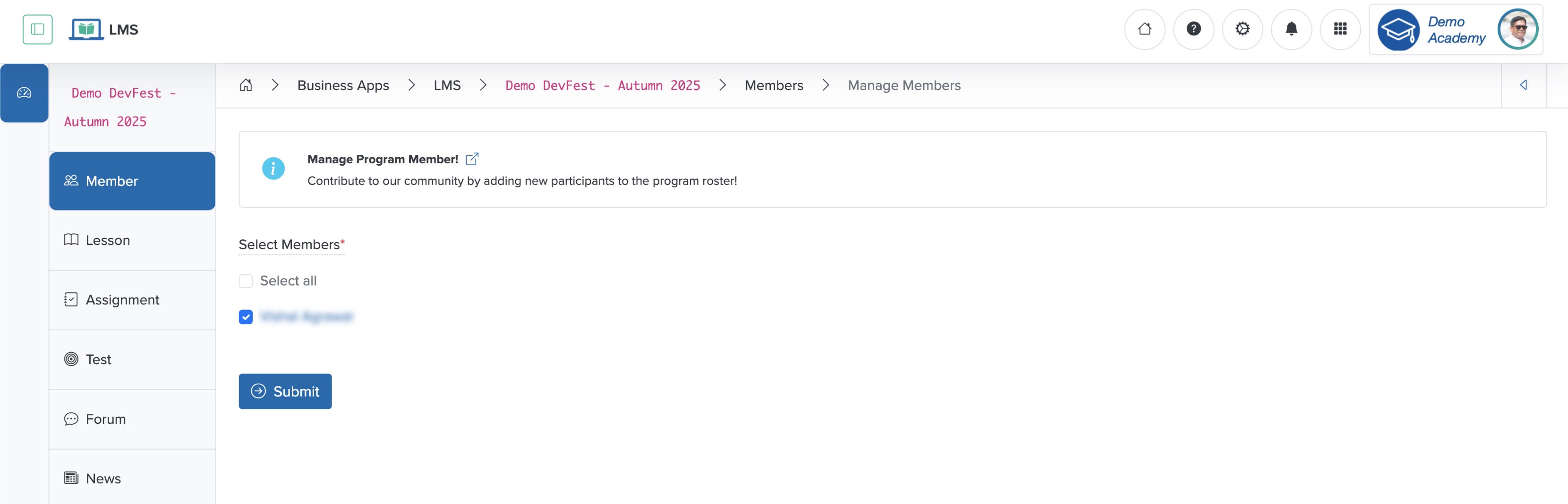 Figure 21: Individual Workspace - Select Member to Course List Screen