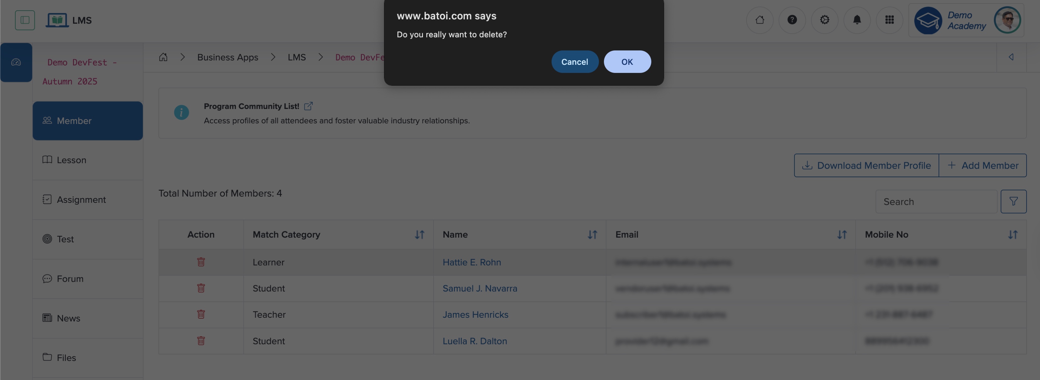 Figure 22: Individual Workspace - Remove Member from Course Pop-up Screen