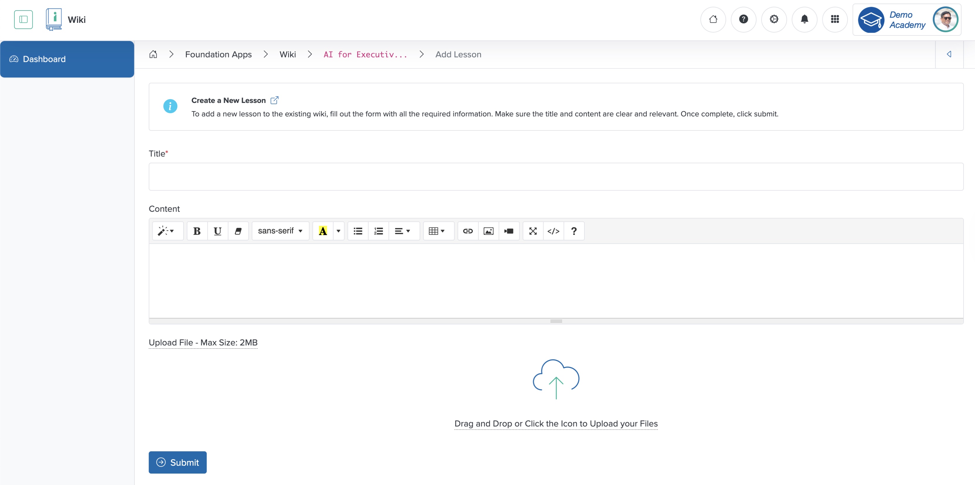Figure 8: Individual Workspace - Individual Wiki Add Lesson Screen