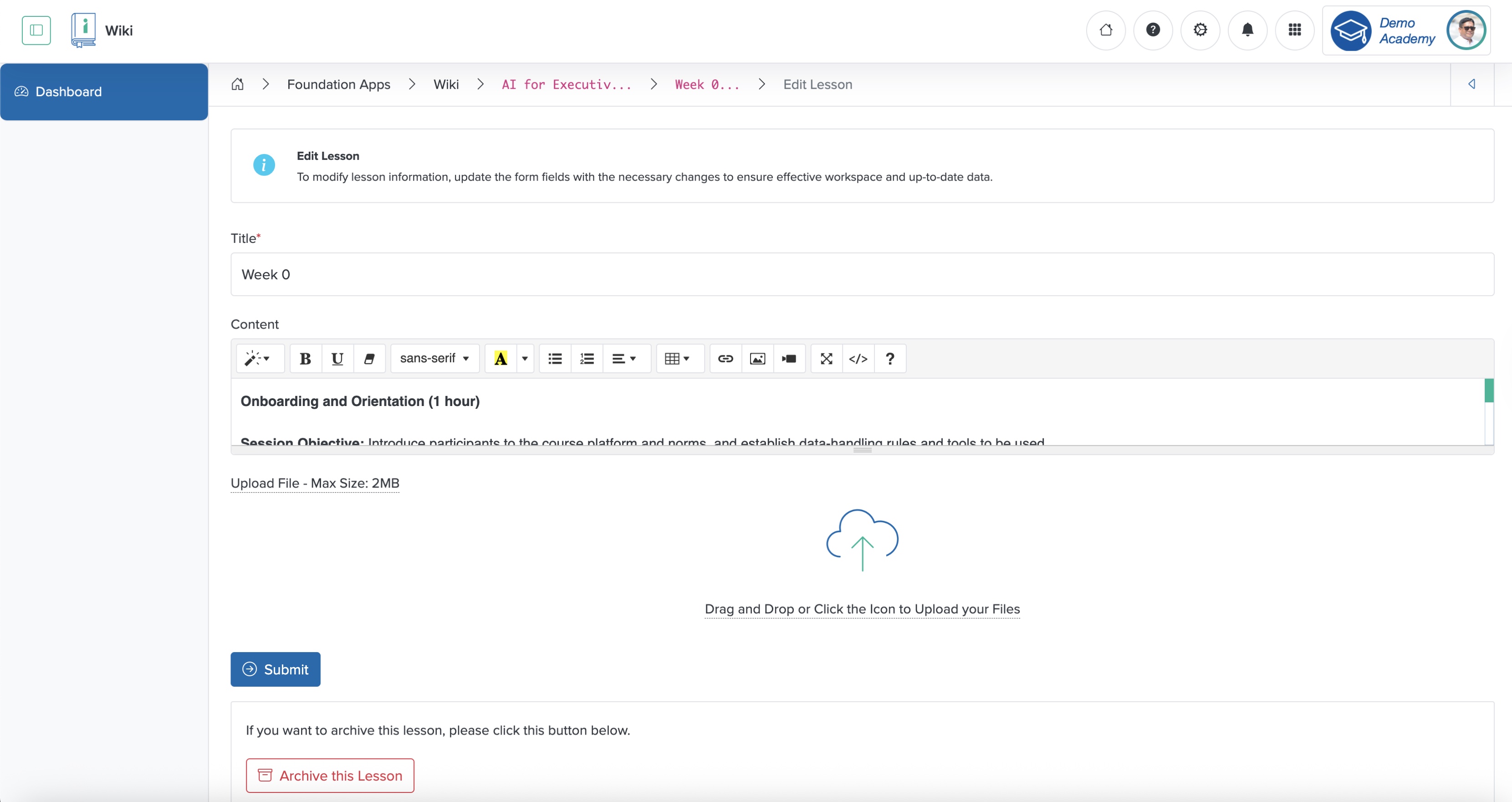 Figure 10: Individual Workspace - Individual Wiki Edit Lesson Screen
