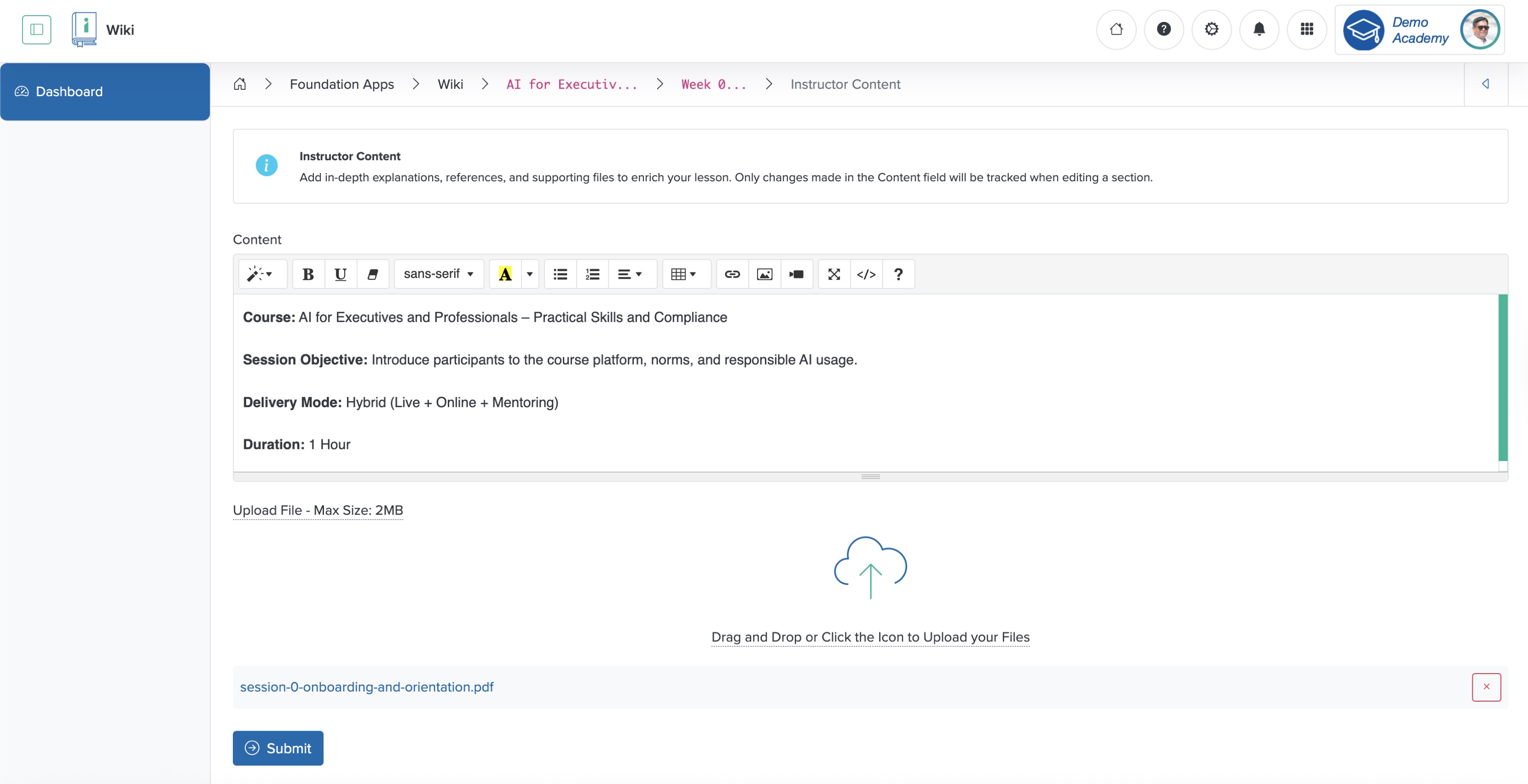 Figure 11: Individual Workspace - Individual Wiki Add Expert Content to Lesson Screen
