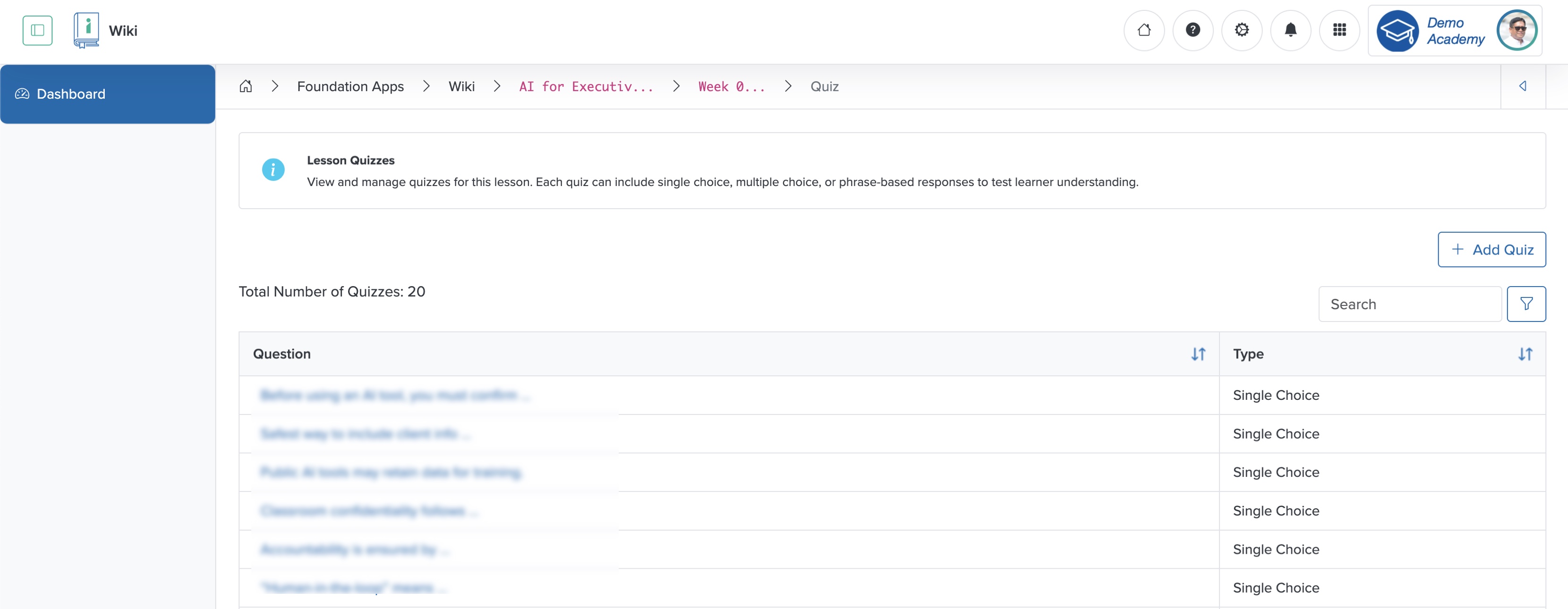 Figure 12: Individual Workspace - Individual Wiki - Individual Lesson Quiz List Screen