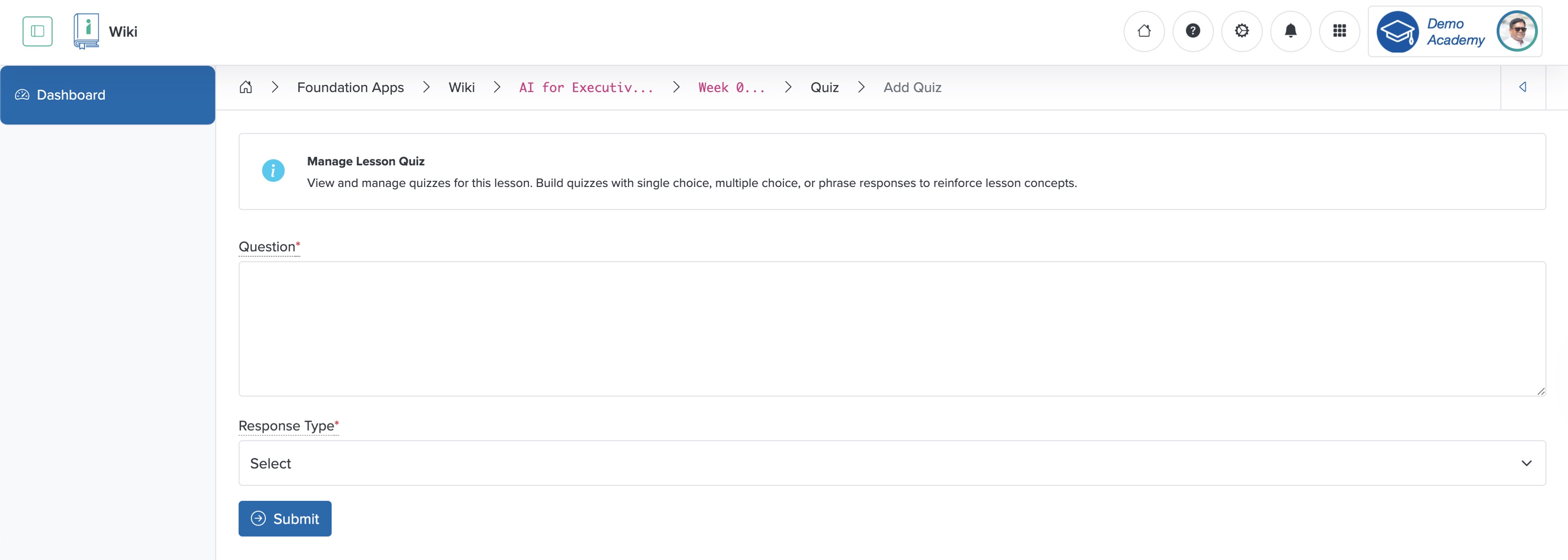 Figure 13: Individual Workspace - Individual Wiki - Individual Lesson Add Quiz Screen