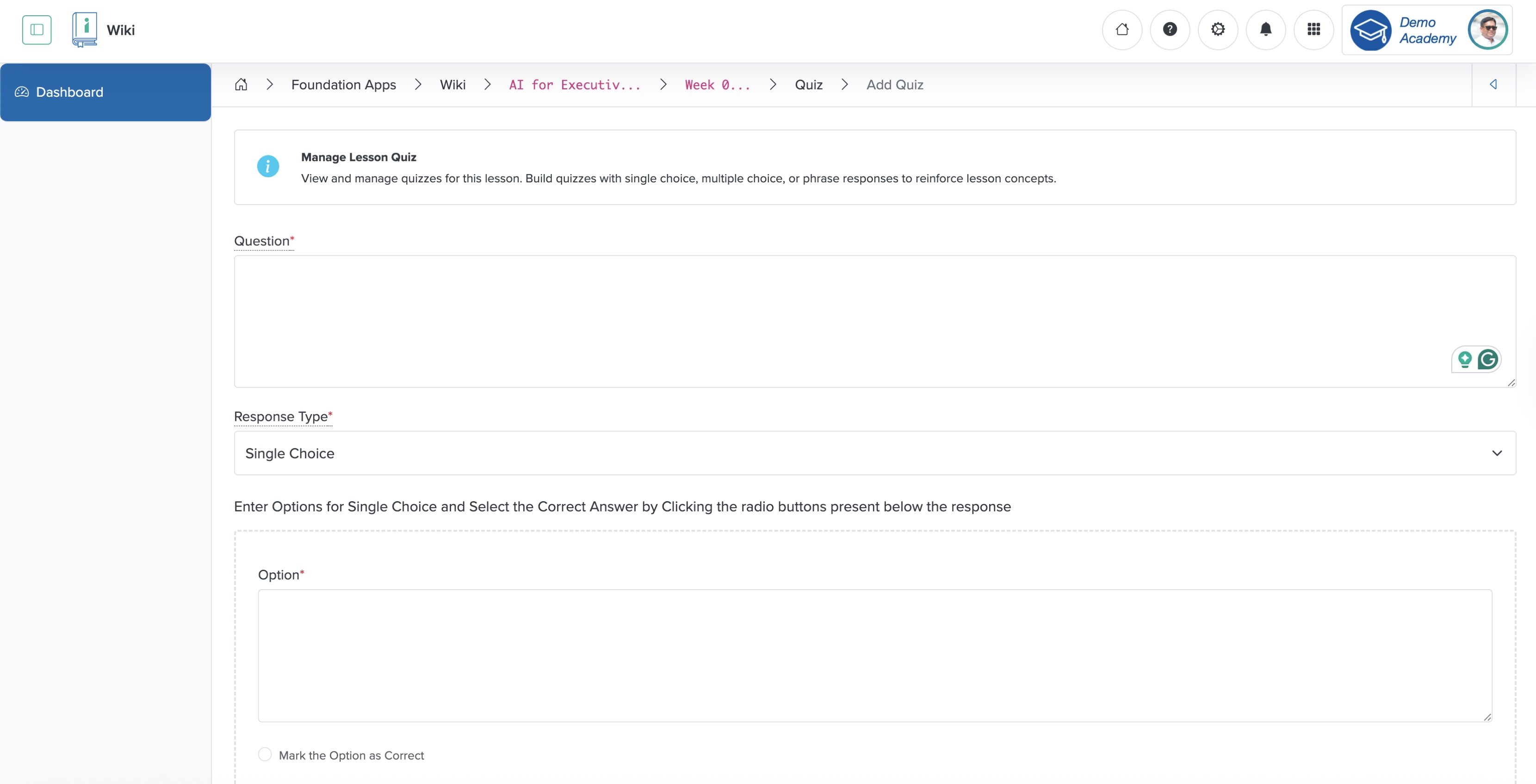 Figure 14: Individual Workspace - Individual Wiki - Individual Lesson Add Single / Multiple Option Quiz Screen