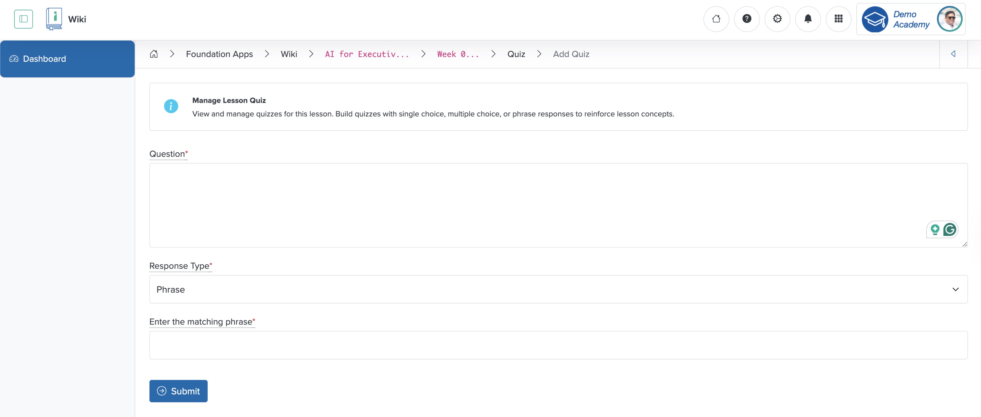 Figure 15: Individual Workspace - Individual Wiki - Individual Lesson Add Phrase Quiz Screen