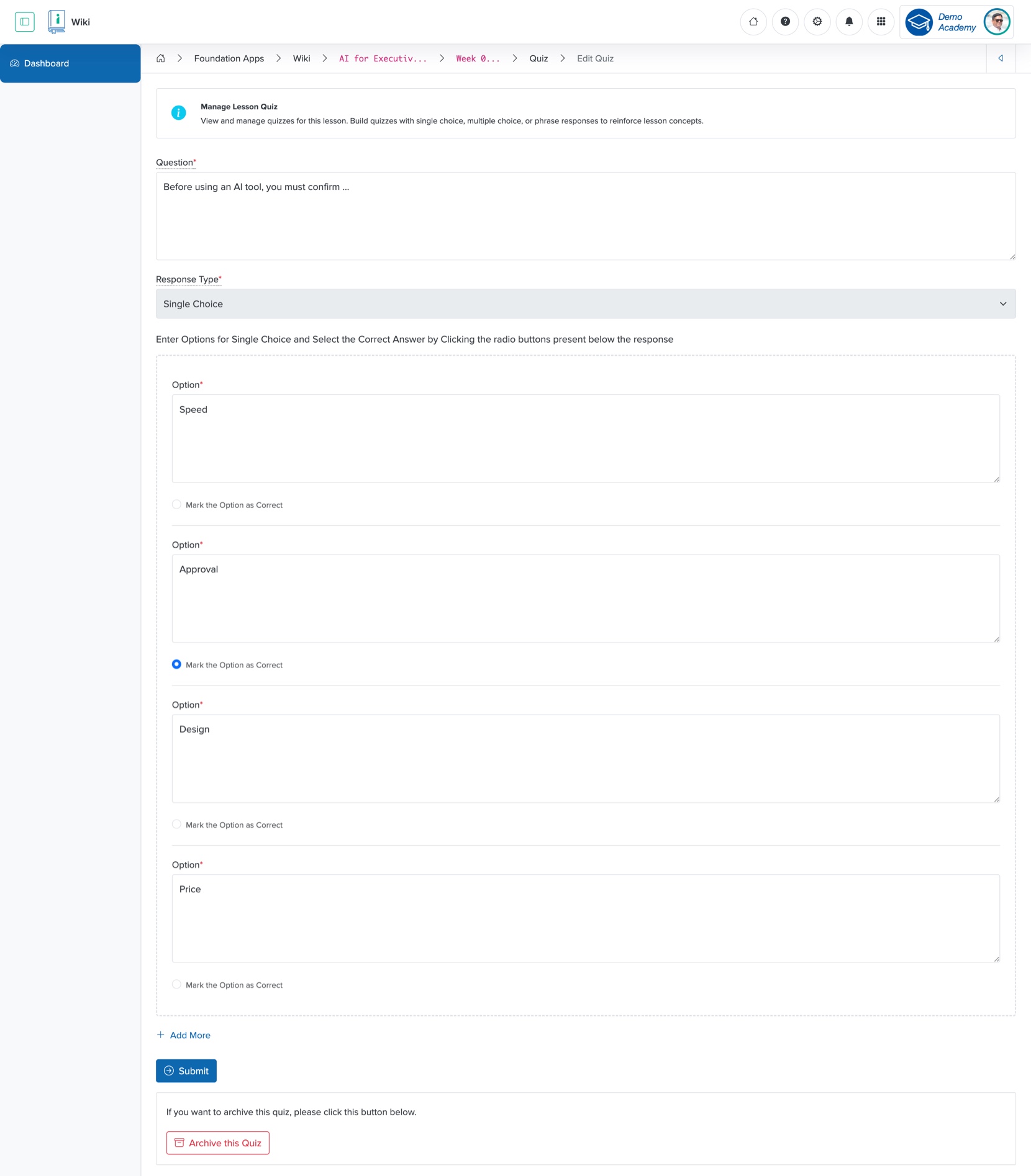 Figure 16: Individual Workspace - Individual Wiki - Individual Lesson Edit Quiz Screen