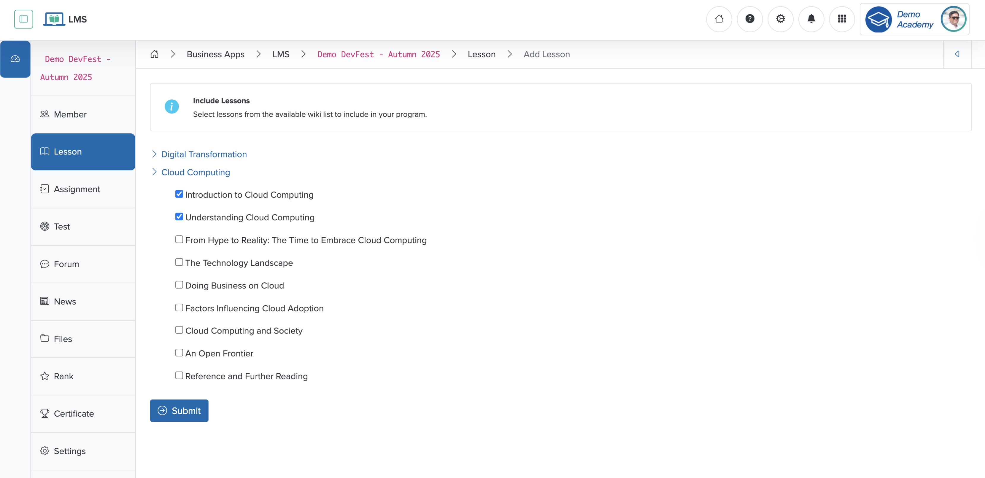 Figure 17: Individual Workspace - Manage Lessons Under Individual Course Screen