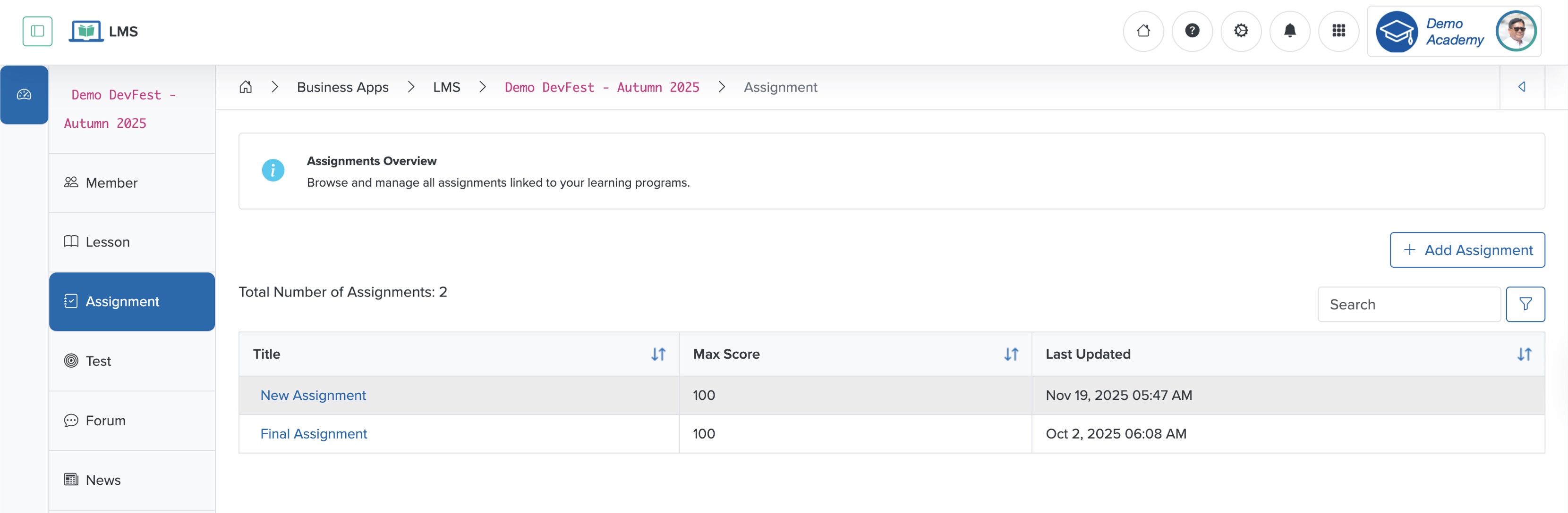 Figure 2: Individual Workspace - Individual Course Assignment List Screen