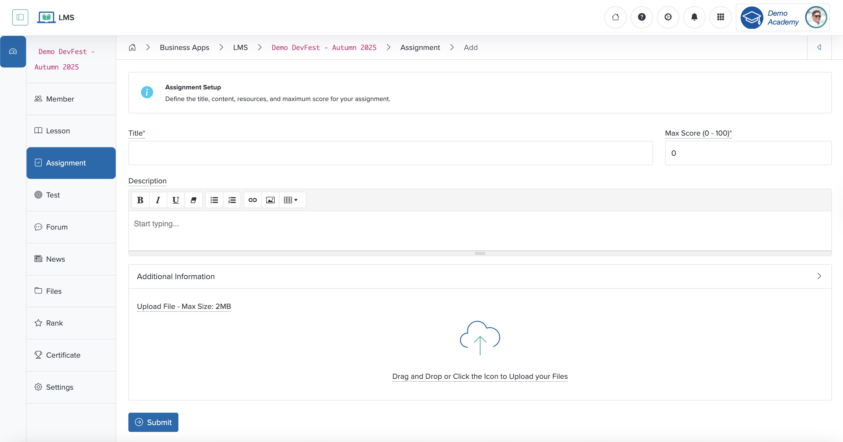 Figure 3: Individual Workspace - Individual Course Assignment Add Screen